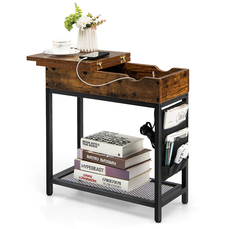 Industrial End Table with Charging Station and Flip Top-Rustic Brown by DirectDeals