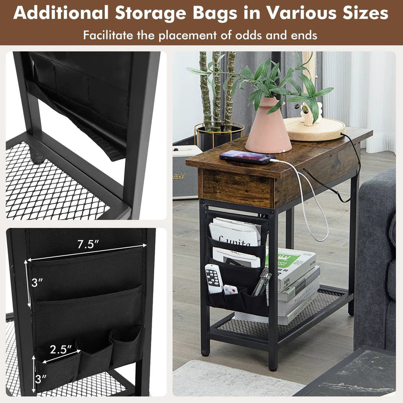Industrial End Table with Charging Station and Flip Top-Rustic Brown by DirectDeals