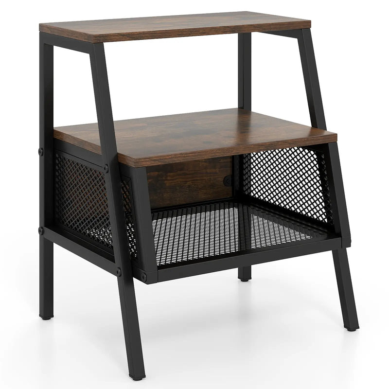 Industrial Nightstand 3-Tier End Table with 2 Open Shelves and Metal Mesh Compartment-Rustic Brown by DirectDeals