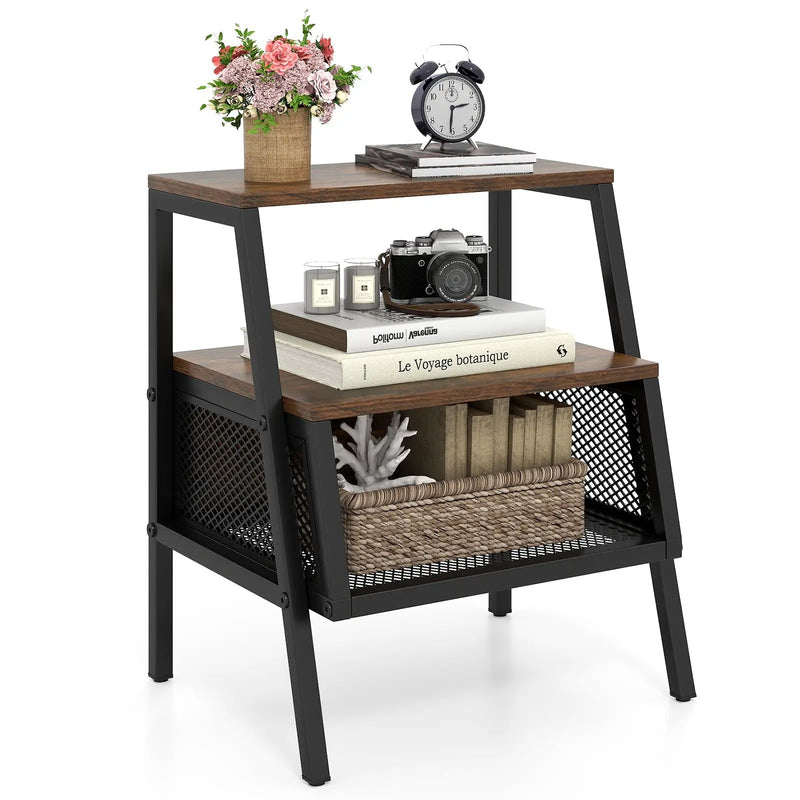Industrial Nightstand 3-Tier End Table with 2 Open Shelves and Metal Mesh Compartment-Rustic Brown by DirectDeals