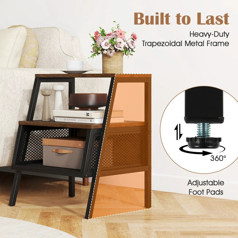 Industrial Nightstand 3-Tier End Table with 2 Open Shelves and Metal Mesh Compartment-Rustic Brown by DirectDeals