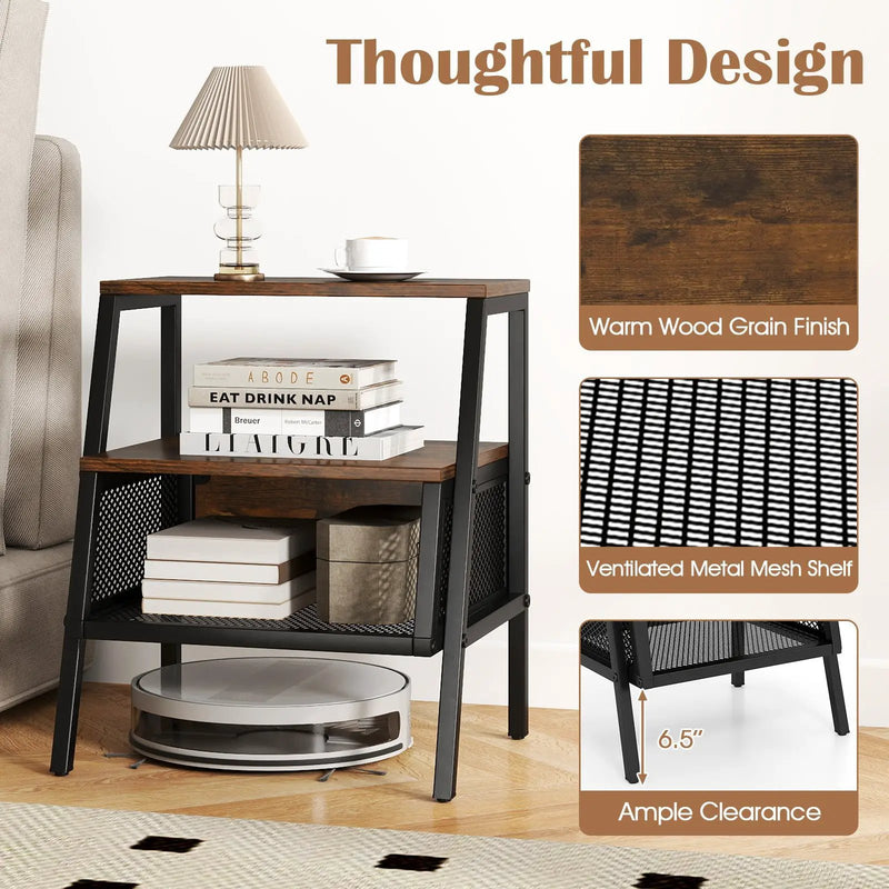 Industrial Nightstand 3-Tier End Table with 2 Open Shelves and Metal Mesh Compartment-Rustic Brown by DirectDeals