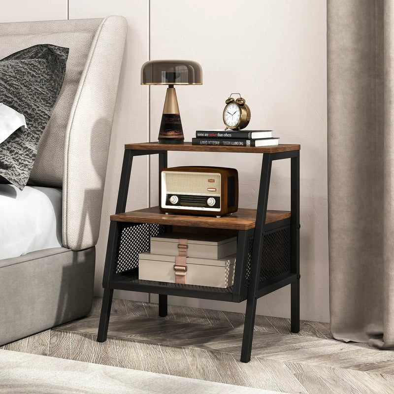 Industrial Nightstand 3-Tier End Table with 2 Open Shelves and Metal Mesh Compartment-Rustic Brown by DirectDeals