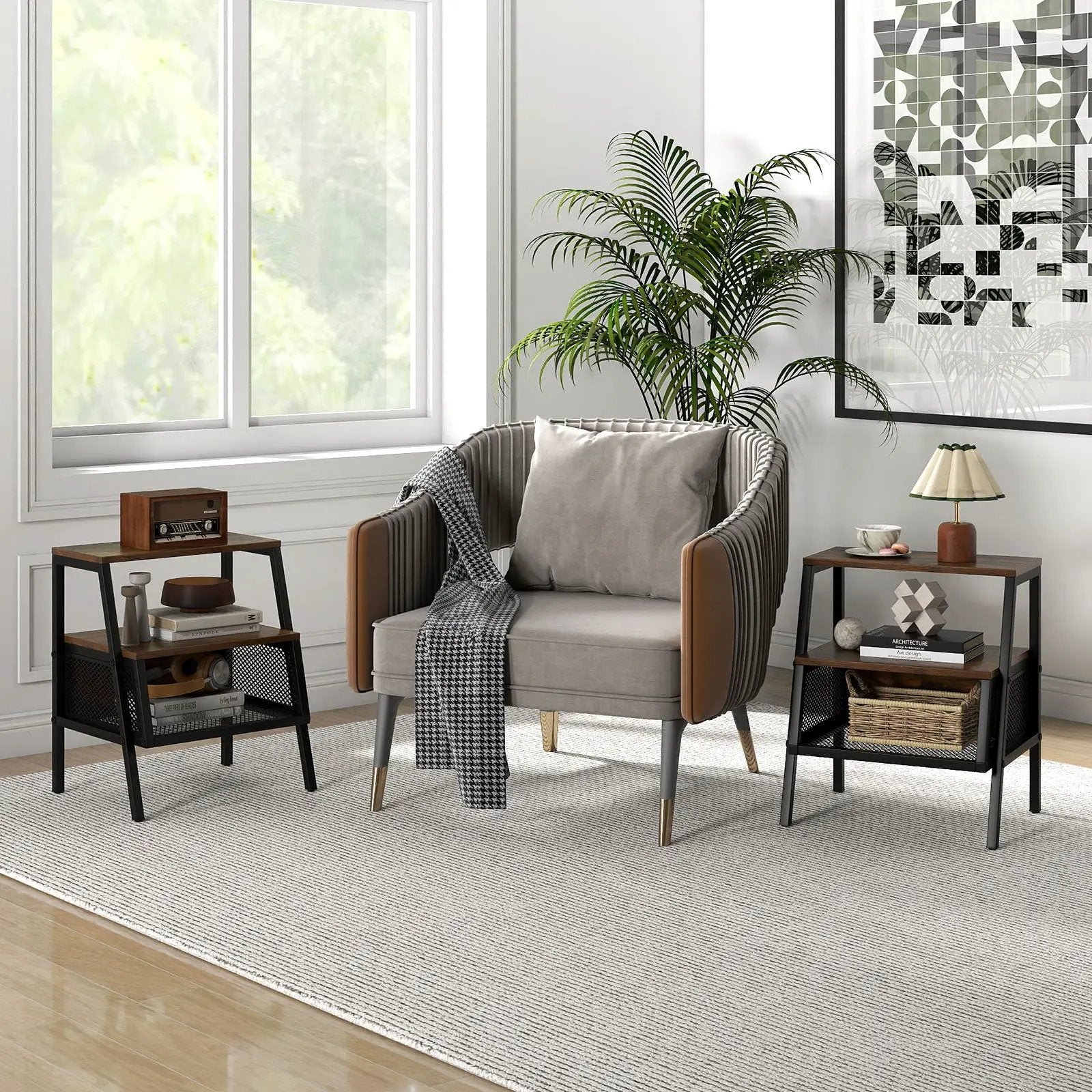 Industrial Nightstand 3-Tier End Table Set of 2 with 2 Open Shelves and Metal Mesh Compartment-Rustic Brown by DirectDeals