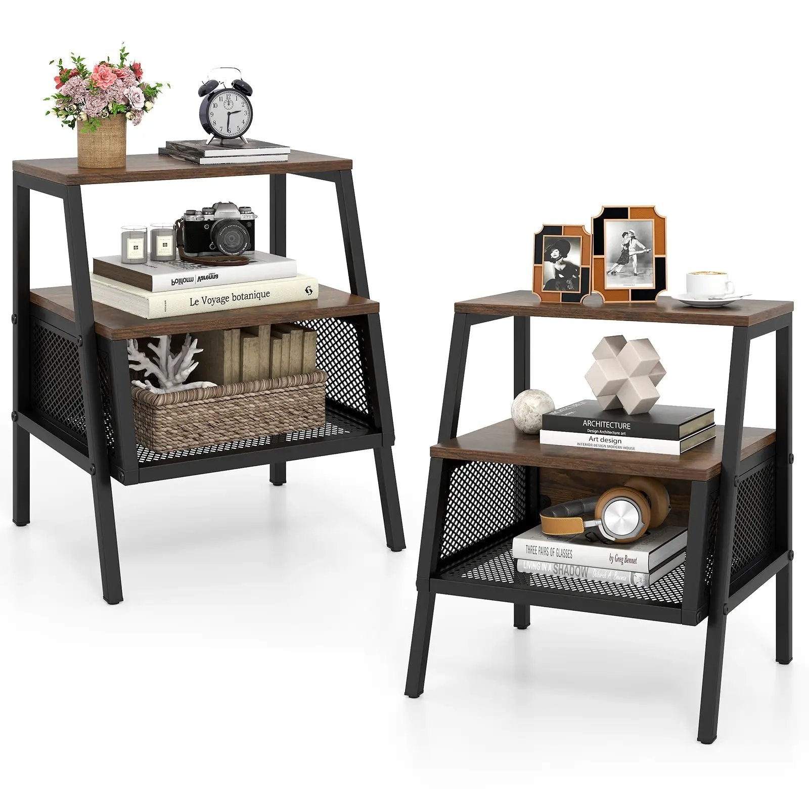 Industrial Nightstand 3-Tier End Table Set of 2 with 2 Open Shelves and Metal Mesh Compartment-Rustic Brown by DirectDeals