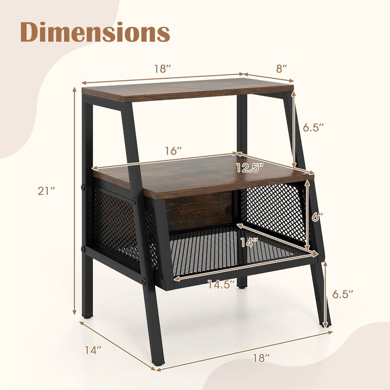 Industrial Nightstand 3-Tier End Table Set of 2 with 2 Open Shelves and Metal Mesh Compartment-Rustic Brown by DirectDeals