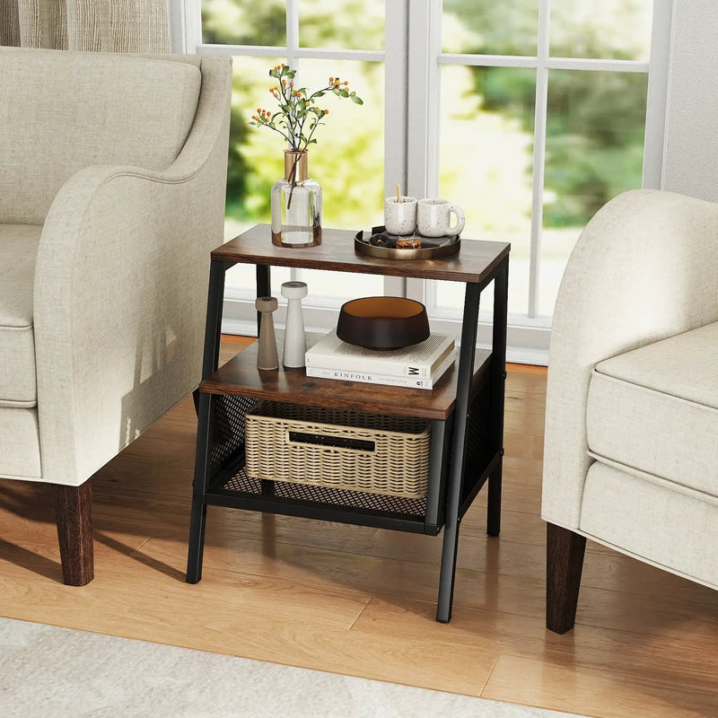 Industrial Nightstand 3-Tier End Table Set of 2 with 2 Open Shelves and Metal Mesh Compartment-Rustic Brown by DirectDeals