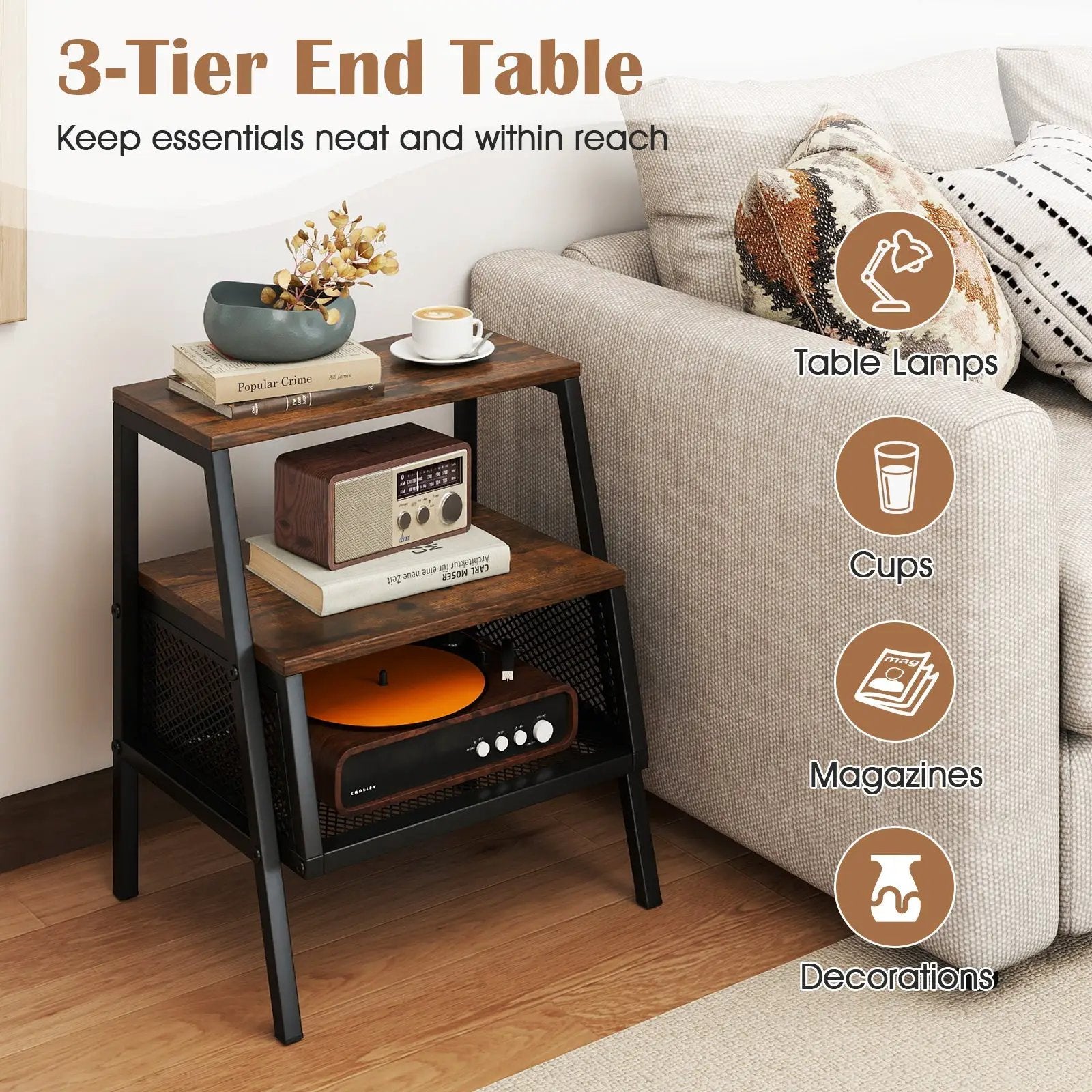 Industrial Nightstand 3-Tier End Table Set of 2 with 2 Open Shelves and Metal Mesh Compartment-Rustic Brown by DirectDeals