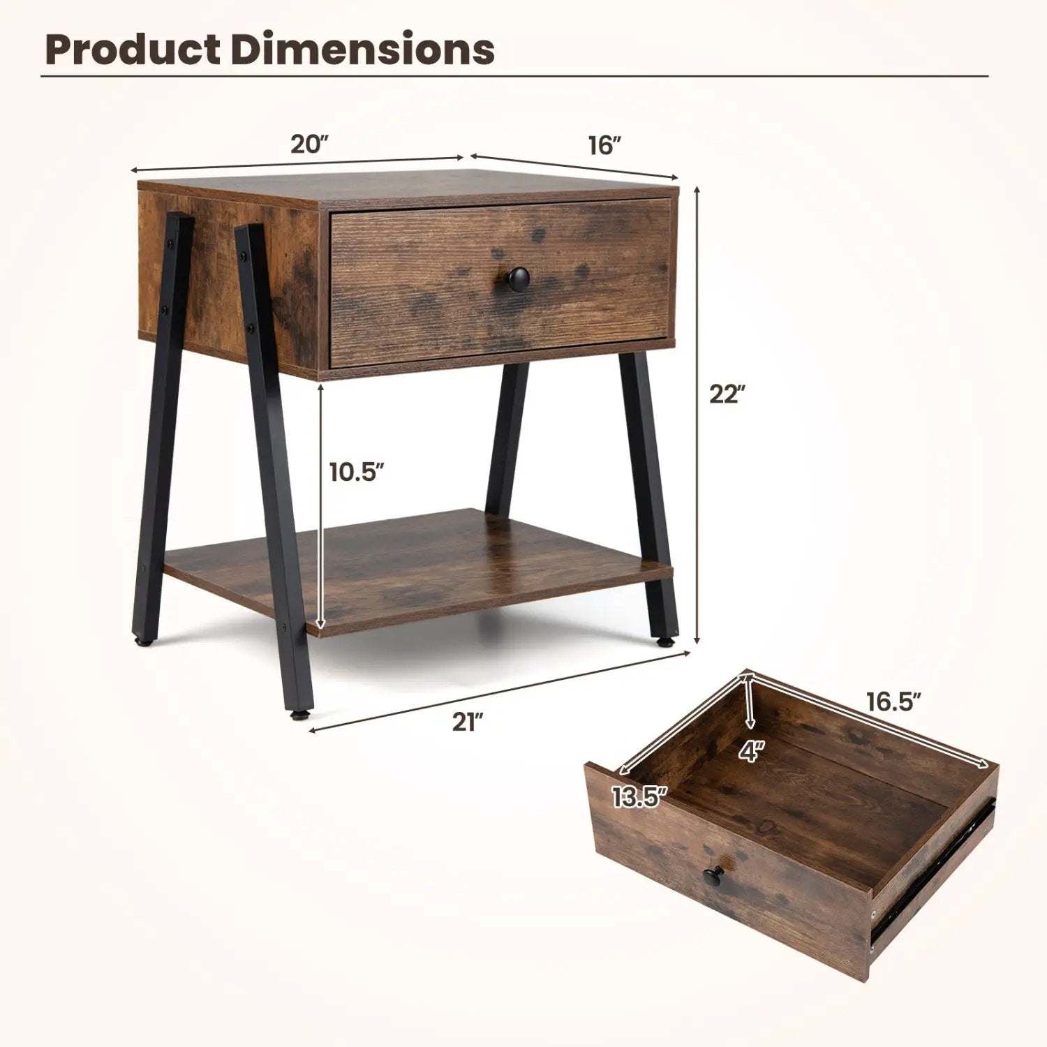 Industrial Nightstand with Drawer and Adjustable Feet by DirectDeals