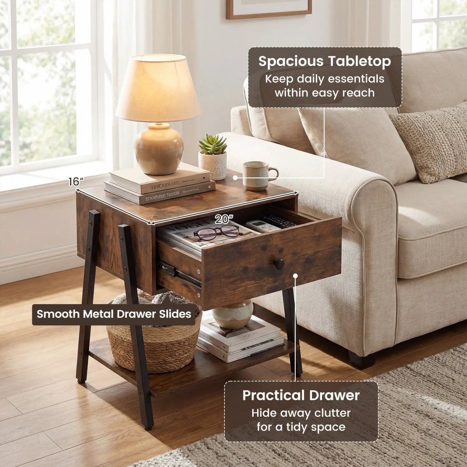 Industrial Nightstand with Drawer and Adjustable Feet by DirectDeals