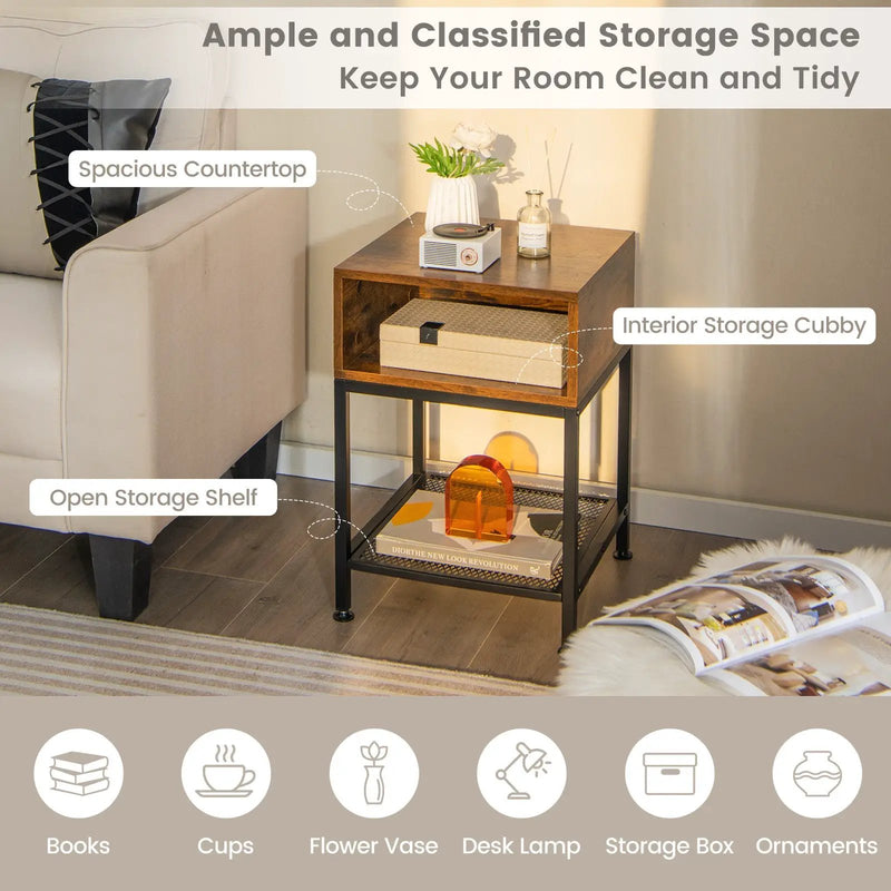 Industrial Nightstand End Side Table with Mesh Shelf by DirectDeals