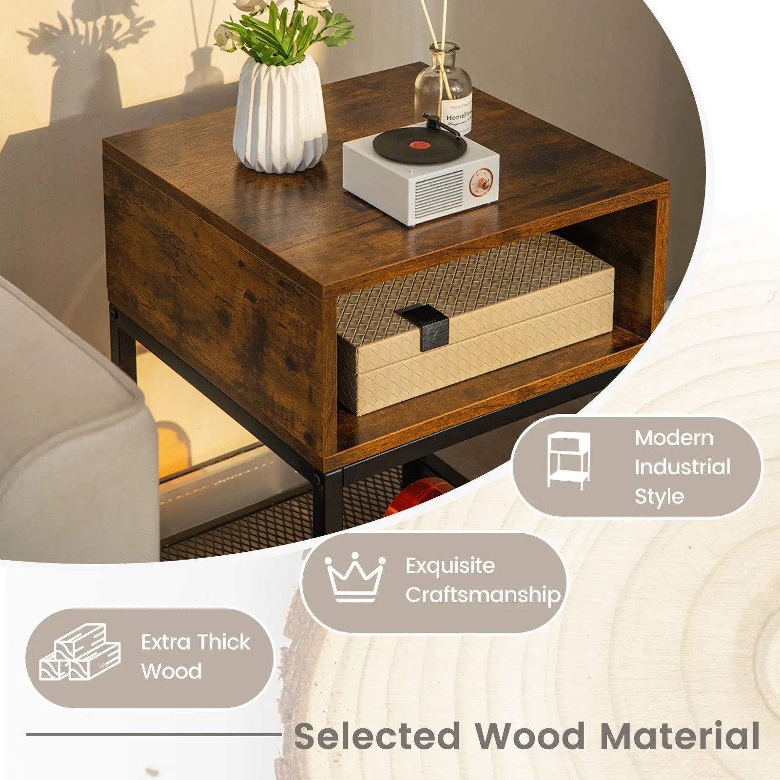 Industrial Nightstand End Side Table with Mesh Shelf by DirectDeals
