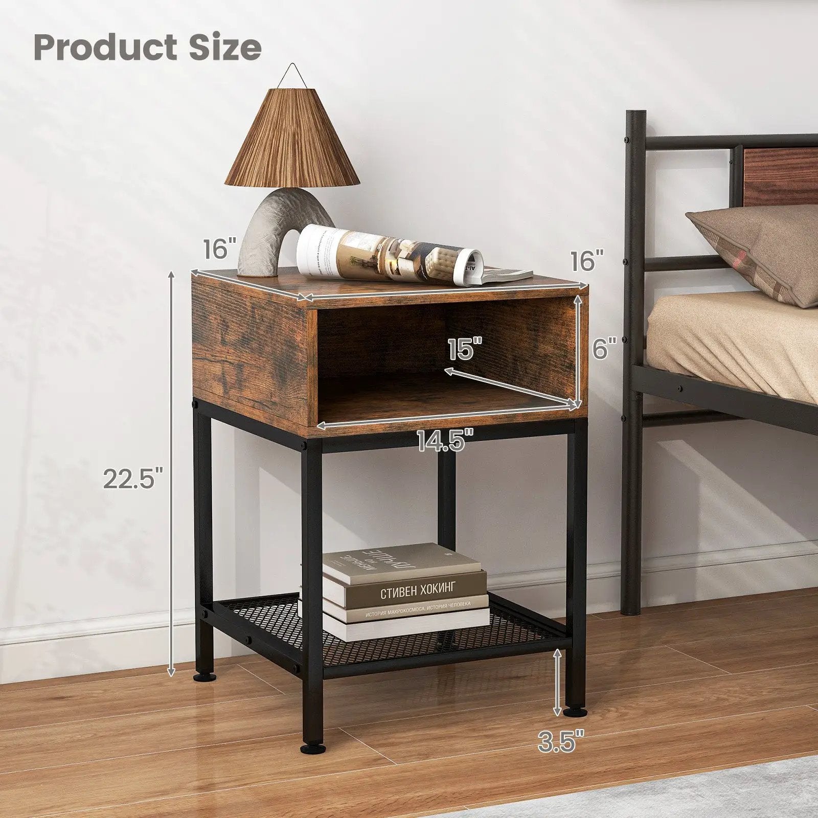 Industrial Nightstand End Side Table with Mesh Shelf by DirectDeals