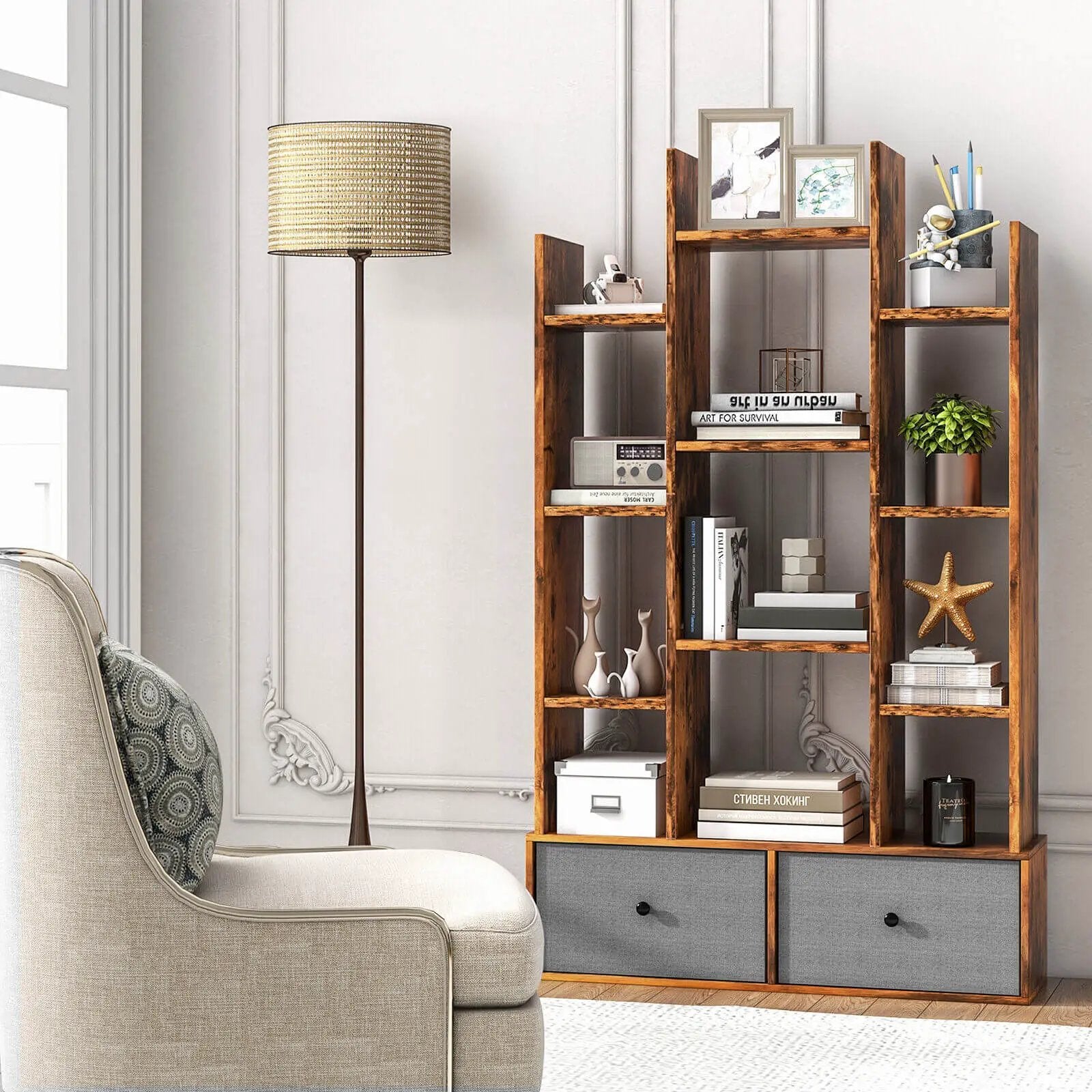 12-Tier Open-Back Freestanding Bookshelf with Drawer by DirectDeals