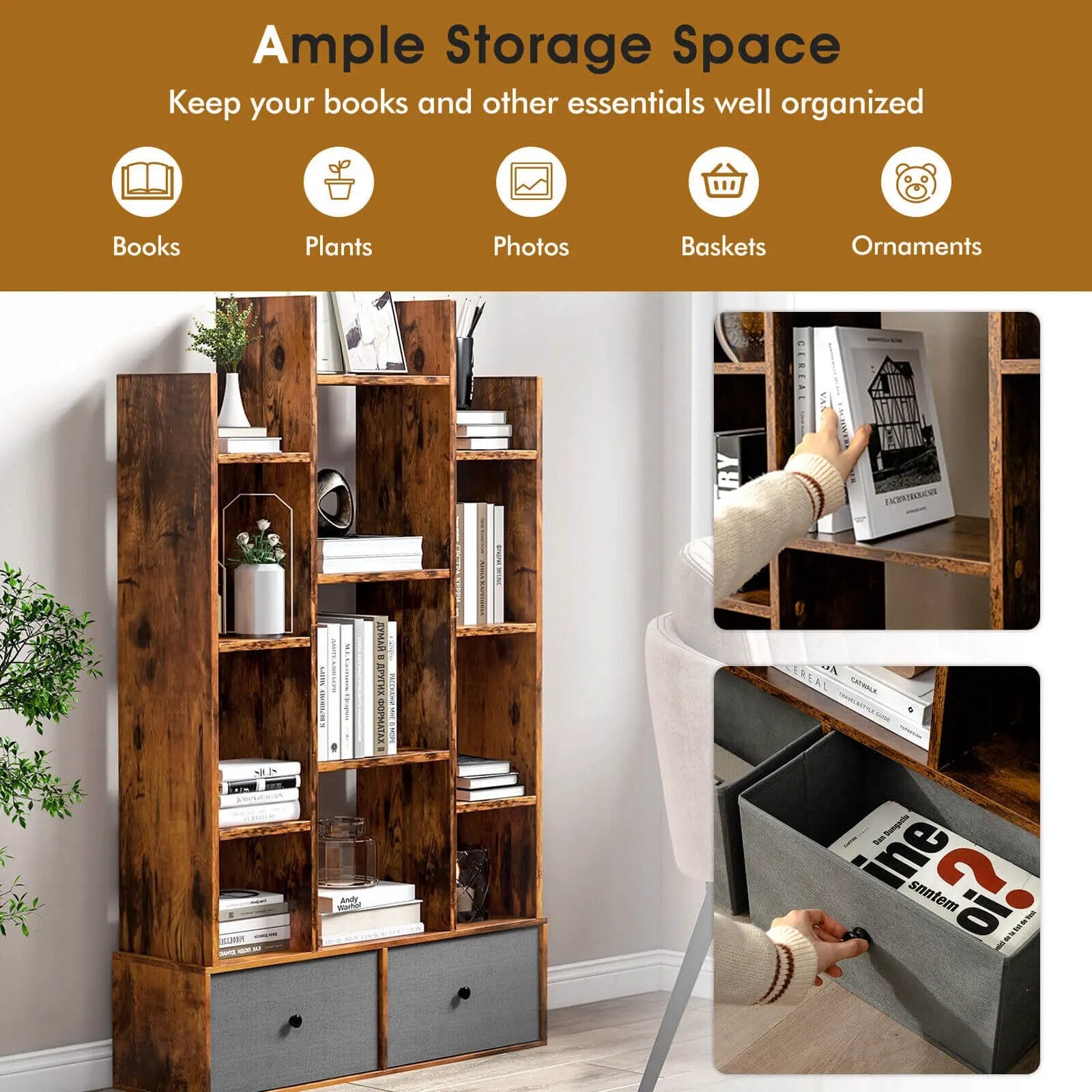 12-Tier Open-Back Freestanding Bookshelf with Drawer by DirectDeals