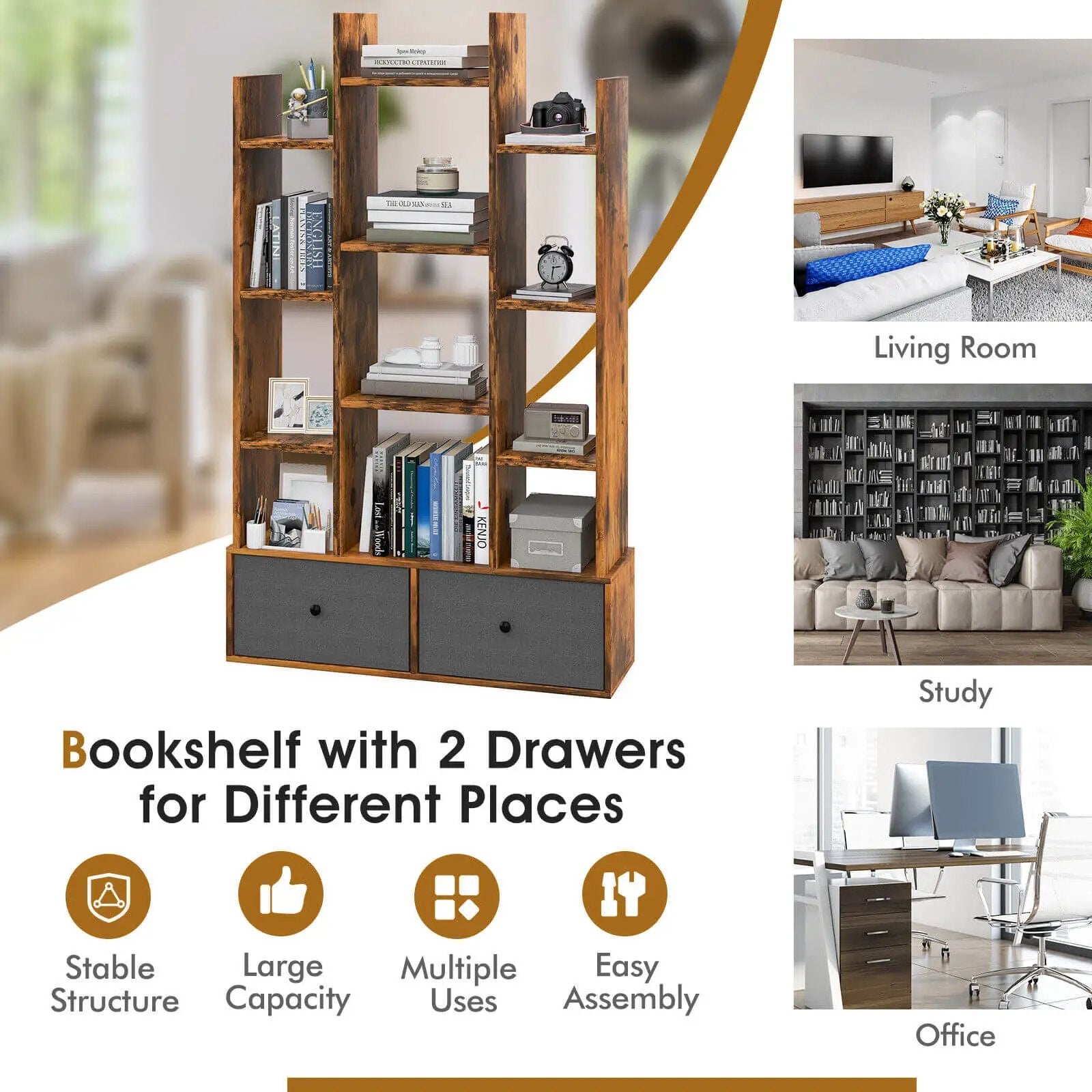 12-Tier Open-Back Freestanding Bookshelf with Drawer by DirectDeals