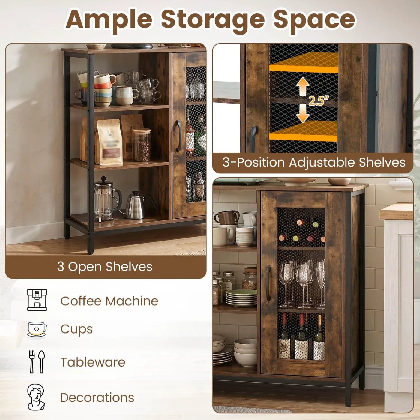 Industrial Side Cabinet with Metal Mesh Door & 3 Shelves by DirectDeals