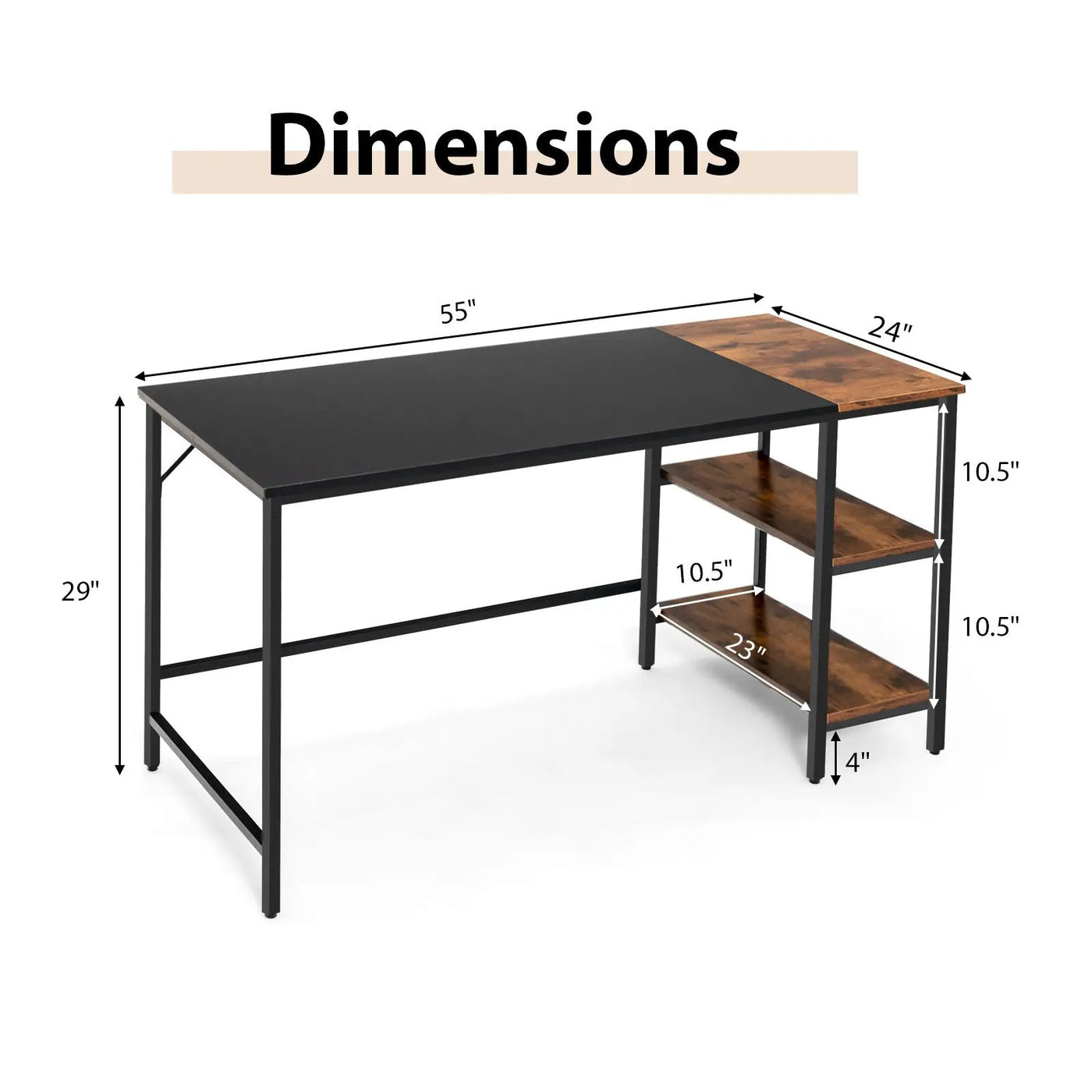 55 Inch Modern Industrial Style Study Writing Desk with 2 Storage Shelves by DirectDeals