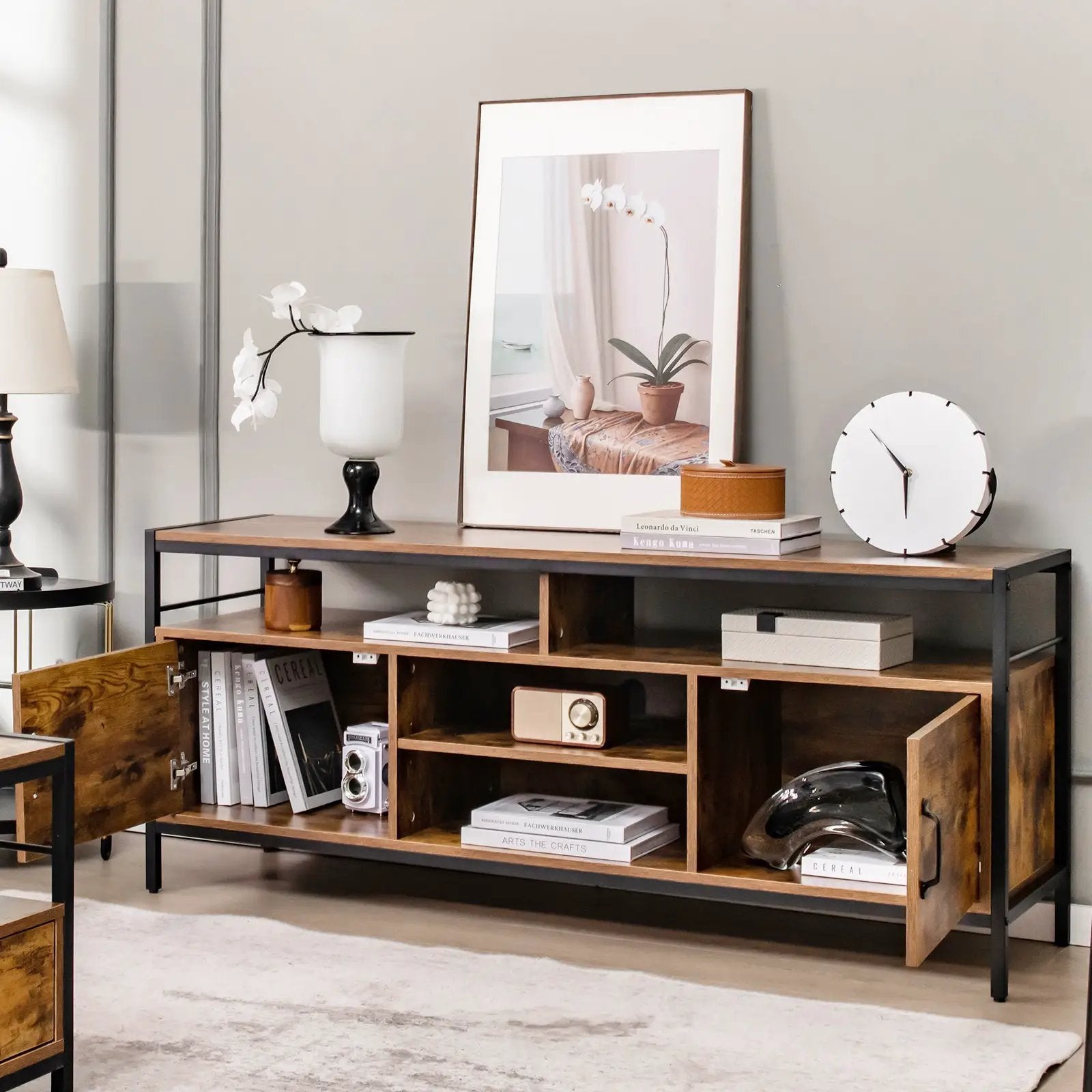 58 Inch Industrial TV Stand with Cabinets and Adjustable Shelf for TVs up to 65 Inch-Rustic Brwon by DirectDeals
