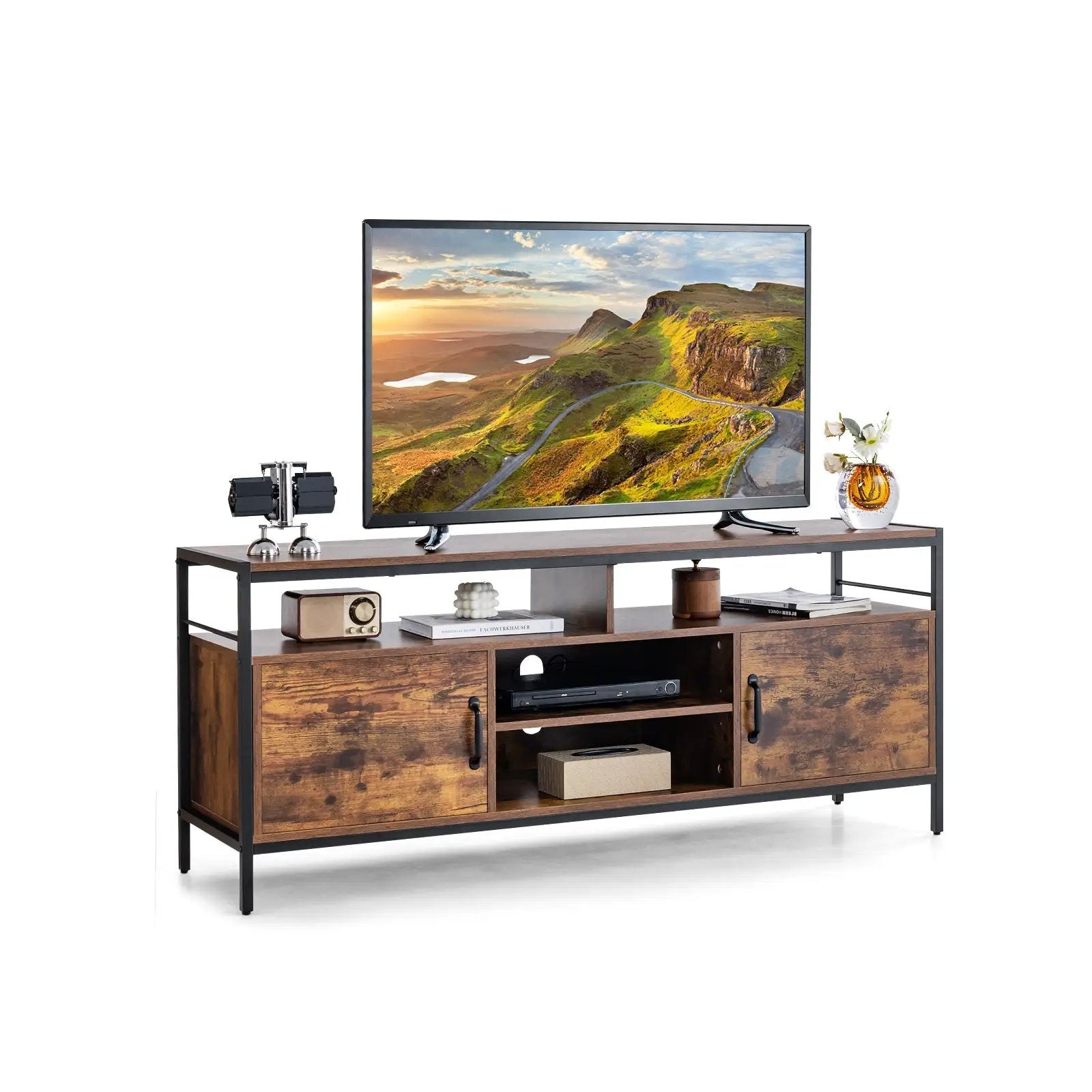 58 Inch Industrial TV Stand with Cabinets and Adjustable Shelf for TVs up to 65 Inch-Rustic Brwon by DirectDeals