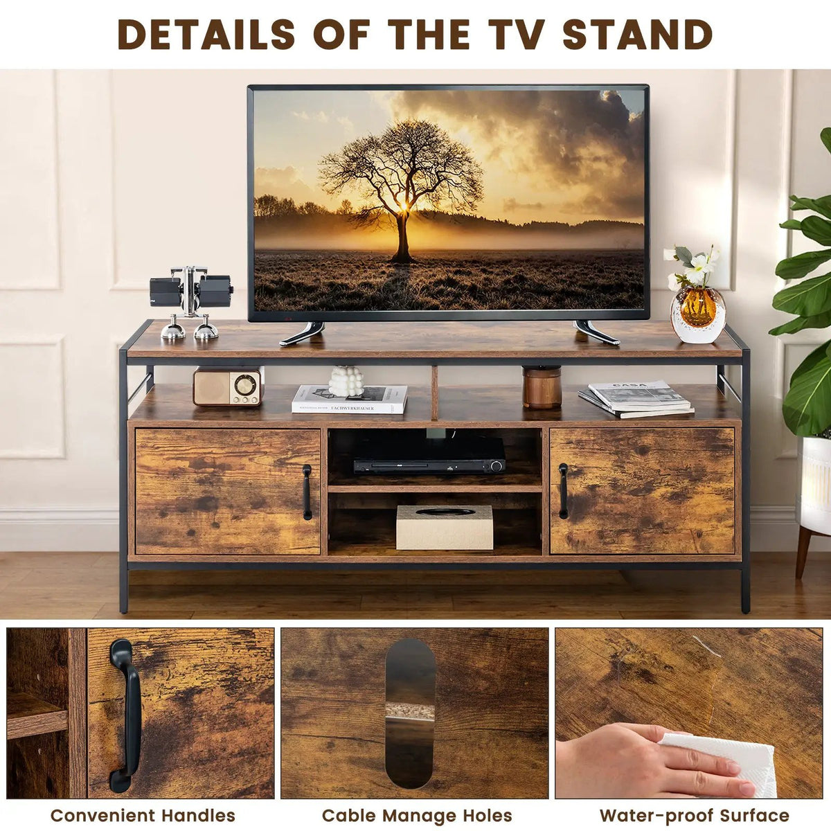 58 Inch Industrial TV Stand with Cabinets and Adjustable Shelf for TVs up to 65 Inch-Rustic Brwon by DirectDeals