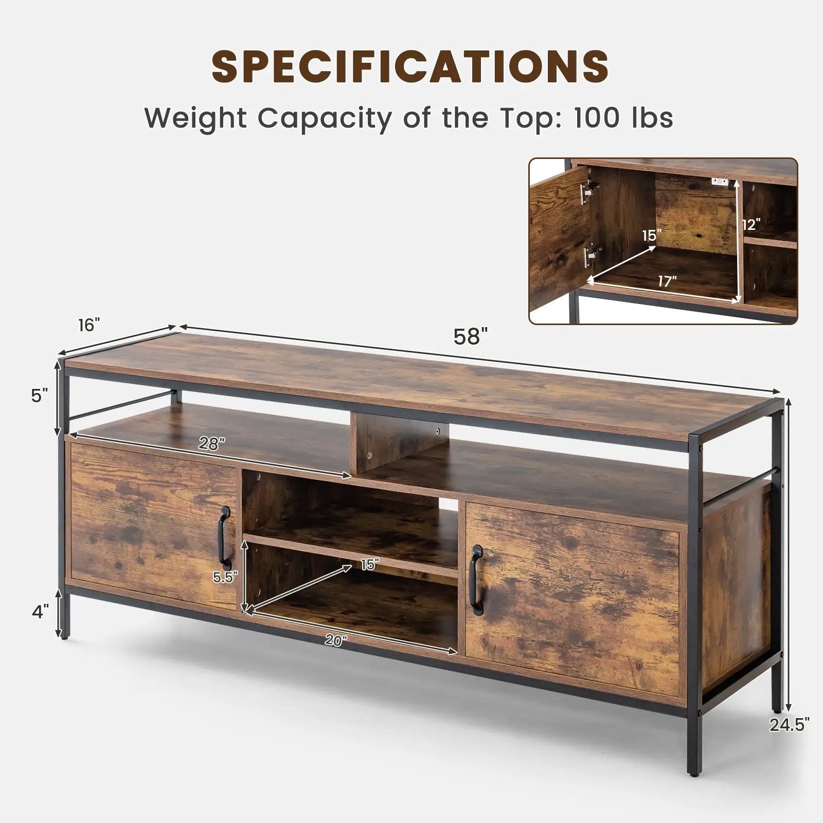 58 Inch Industrial TV Stand with Cabinets and Adjustable Shelf for TVs up to 65 Inch-Rustic Brwon by DirectDeals