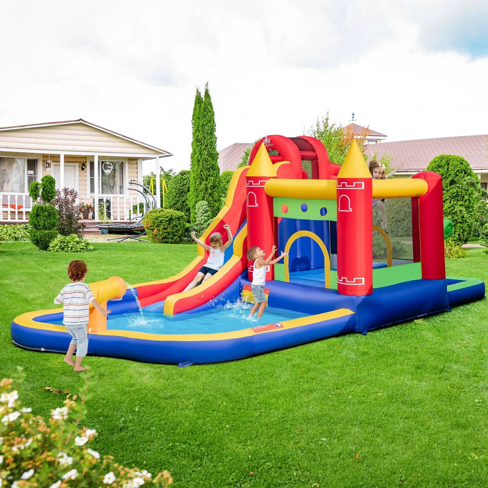9-in-1 Inflatable Bounce Castle with Water Slide and Splash Pool without Blower by DirectDeals