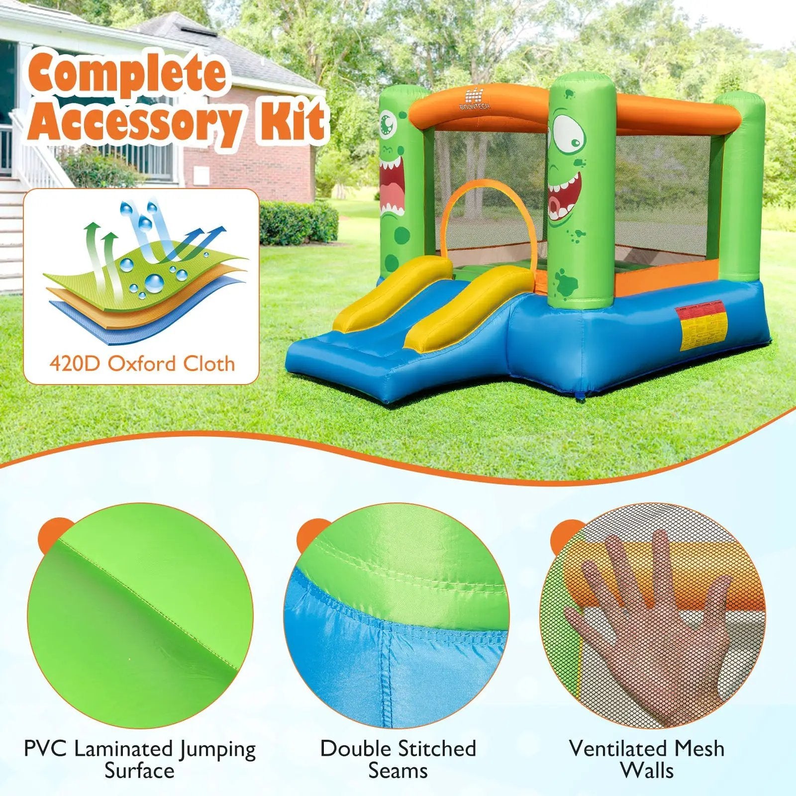 Inflatable Bounce House Monster Themed Bouncy Castle with Large Jumping Area and Slide 550W Blower Included by DirectDeals