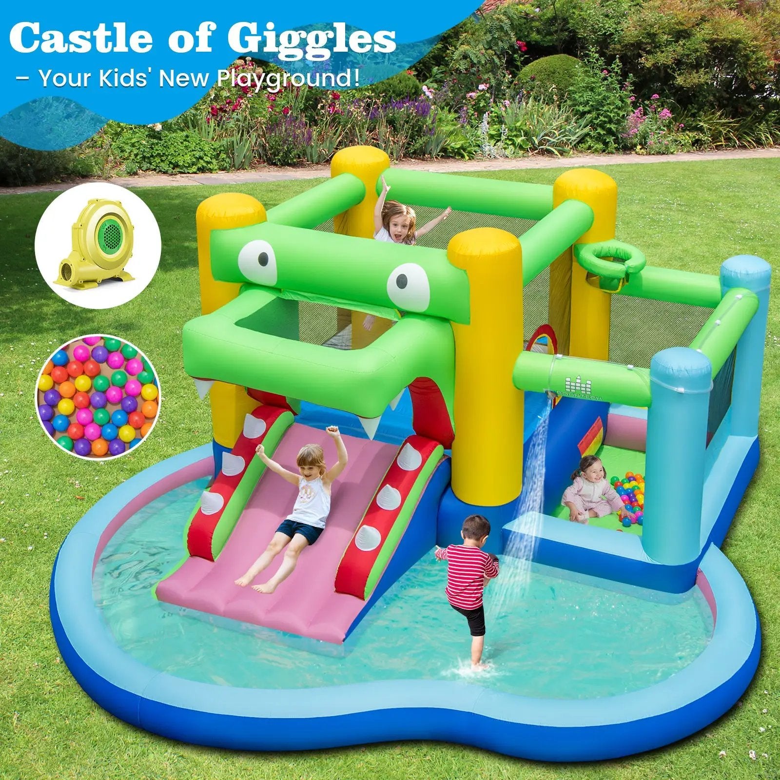 Inflatable Bounce House with Slide and Splash Pooland and 680W Blower by DirectDeals