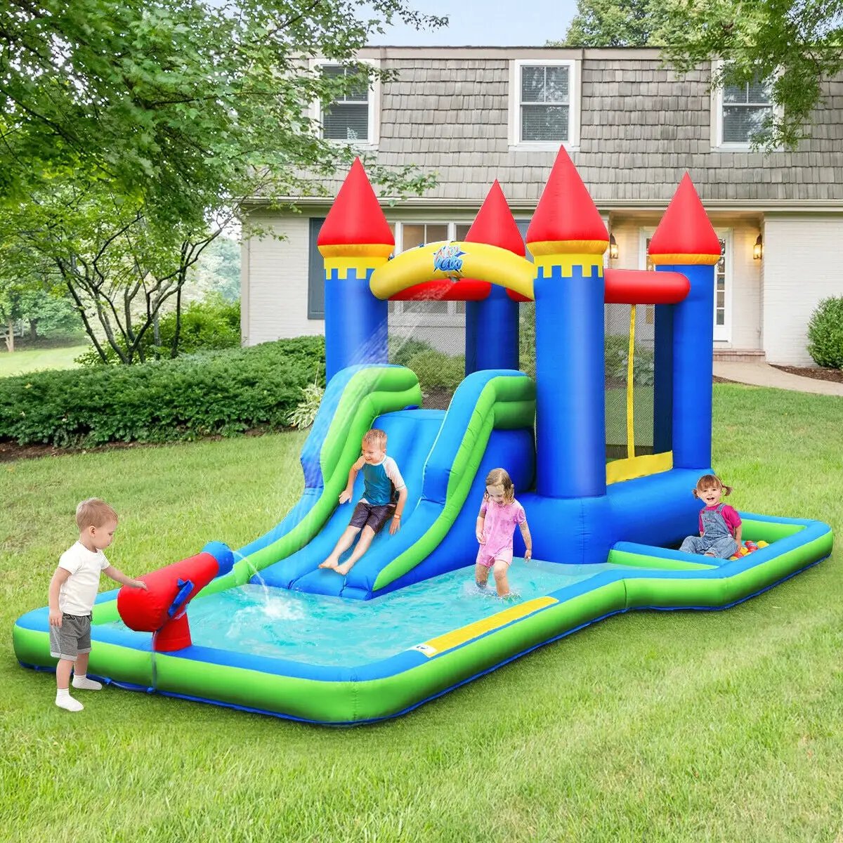 Inflatable Bounce House Castle Water Slide with Climbing Wall and 550W Blower by DirectDeals