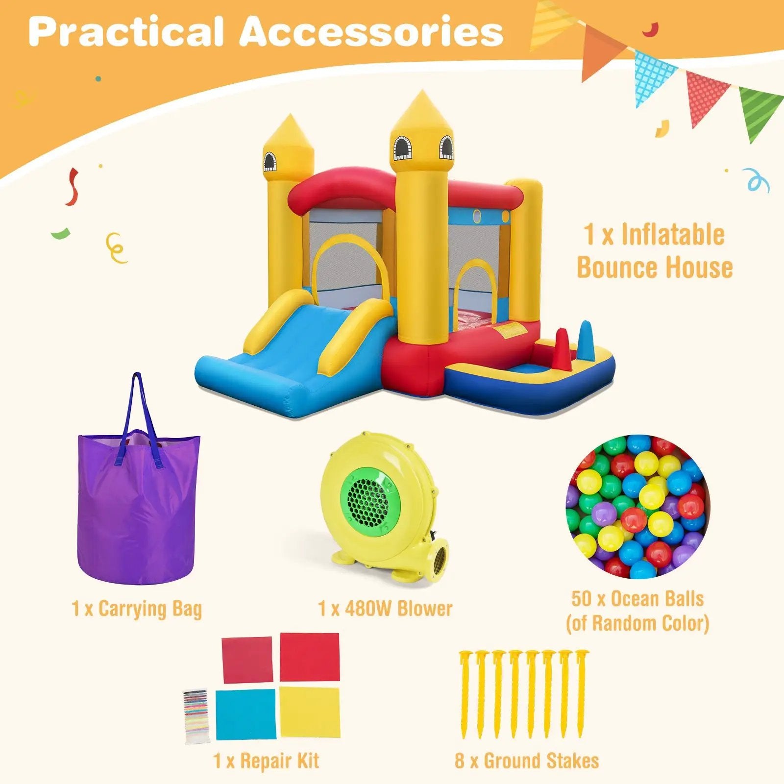 Inflatable Bounce House with 480W Blower and Ocean Balls for Yard by DirectDeals