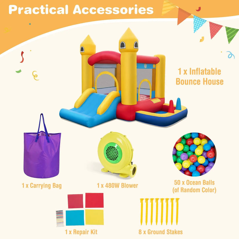 Inflatable Bounce House with 480W Blower and Ocean Balls for Yard by DirectDeals