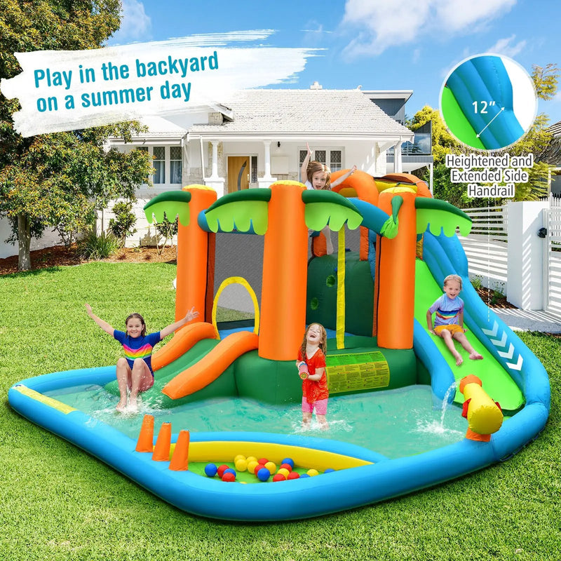 7-in-1 Inflatable Water Slide Park with Trampoline Climbing and 680W Blower by DirectDeals