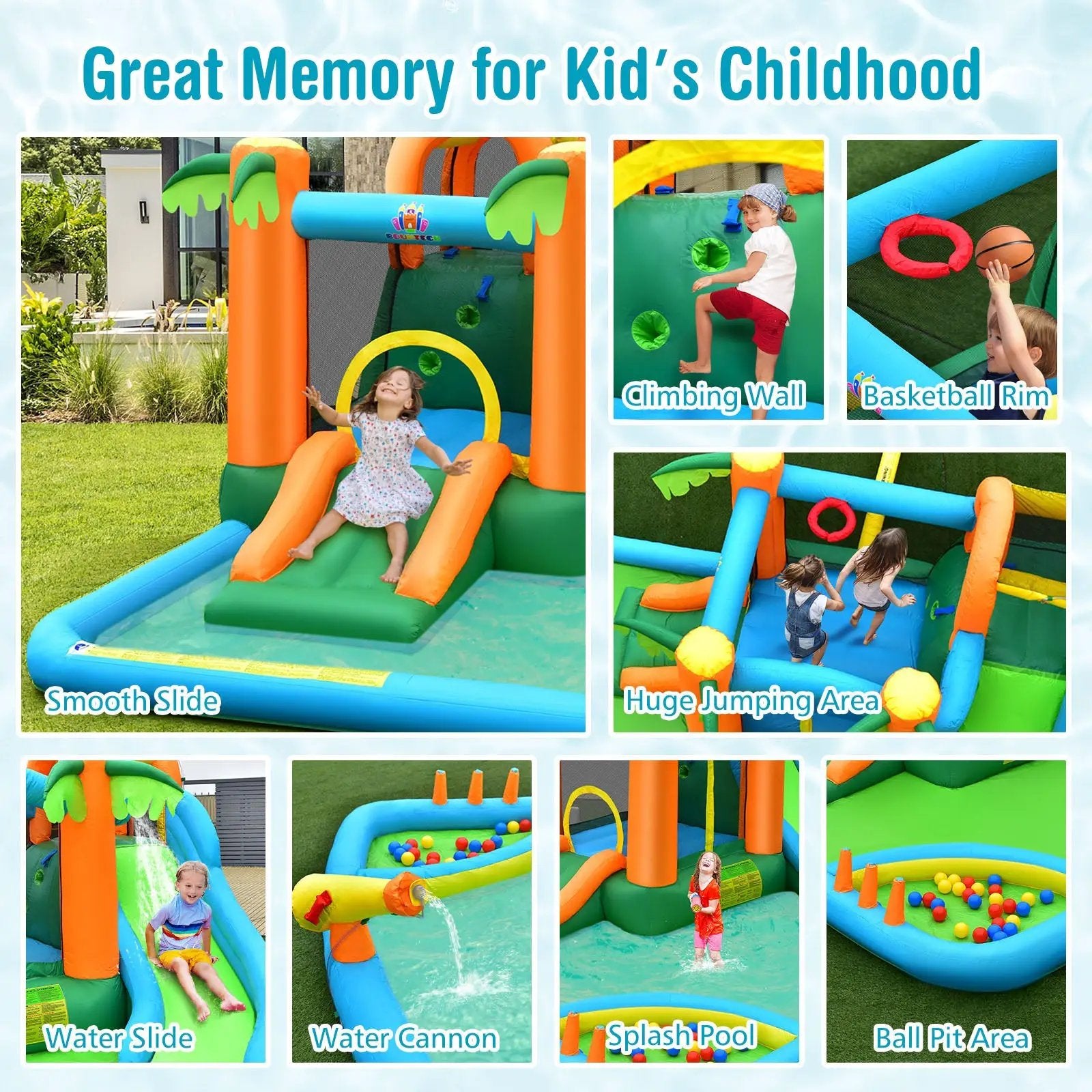 7-in-1 Inflatable Water Slide Park with Trampoline Climbing and 680W Blower by DirectDeals