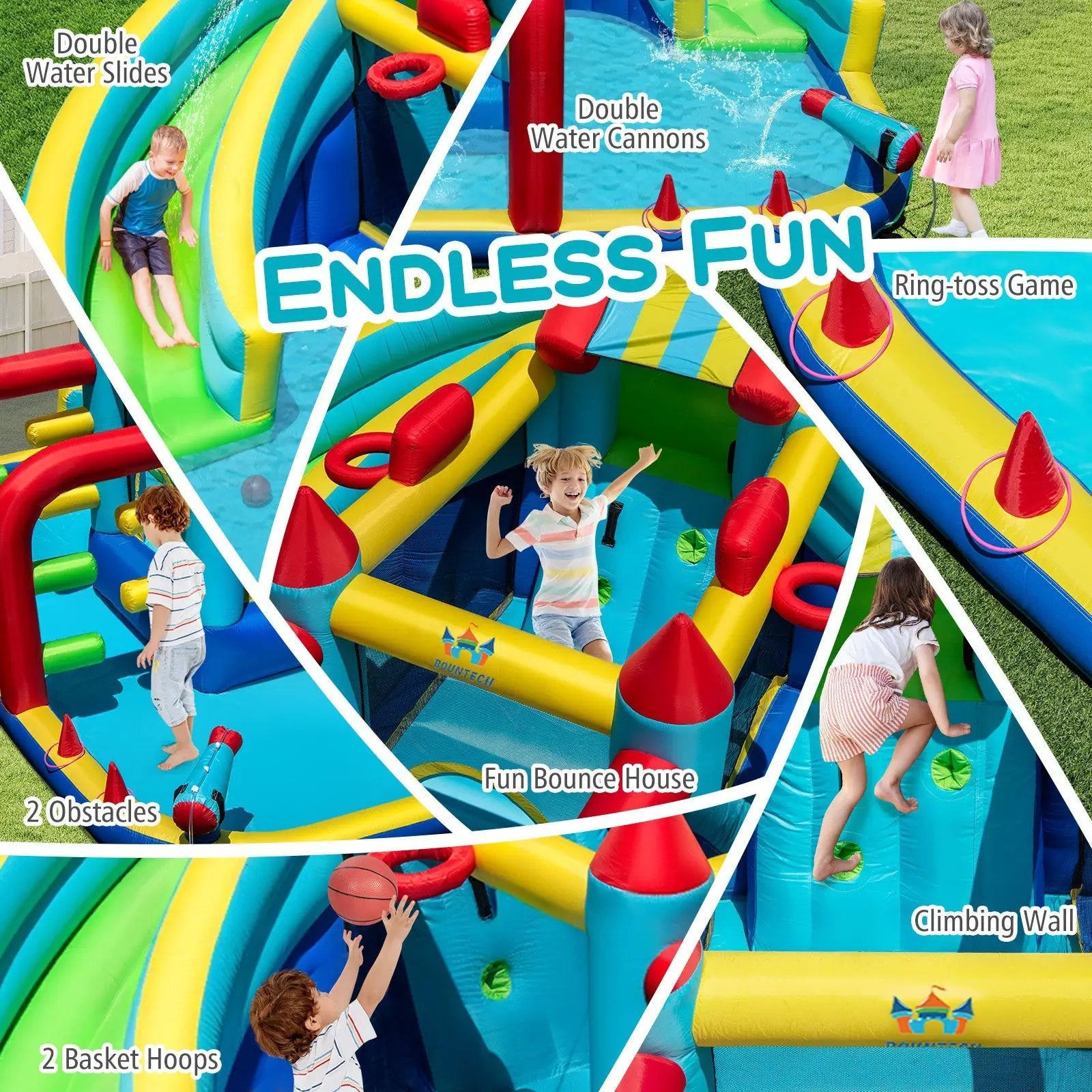 Inflatable Double Water Slide Park with Obstacle Course and 735W Blower by DirectDeals