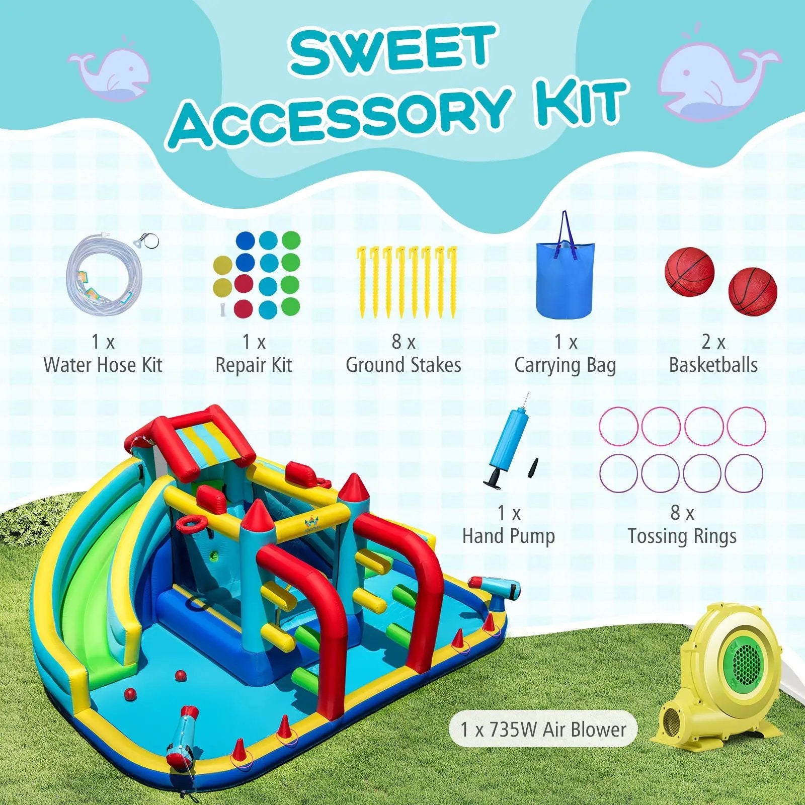 Inflatable Double Water Slide Park with Obstacle Course and 735W Blower by DirectDeals