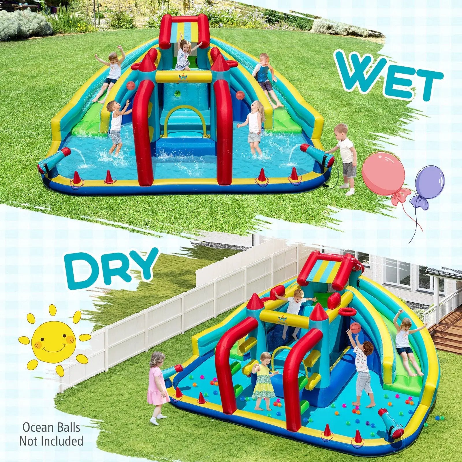 Inflatable Double Water Slide Park with Obstacle Course and 735W Blower by DirectDeals