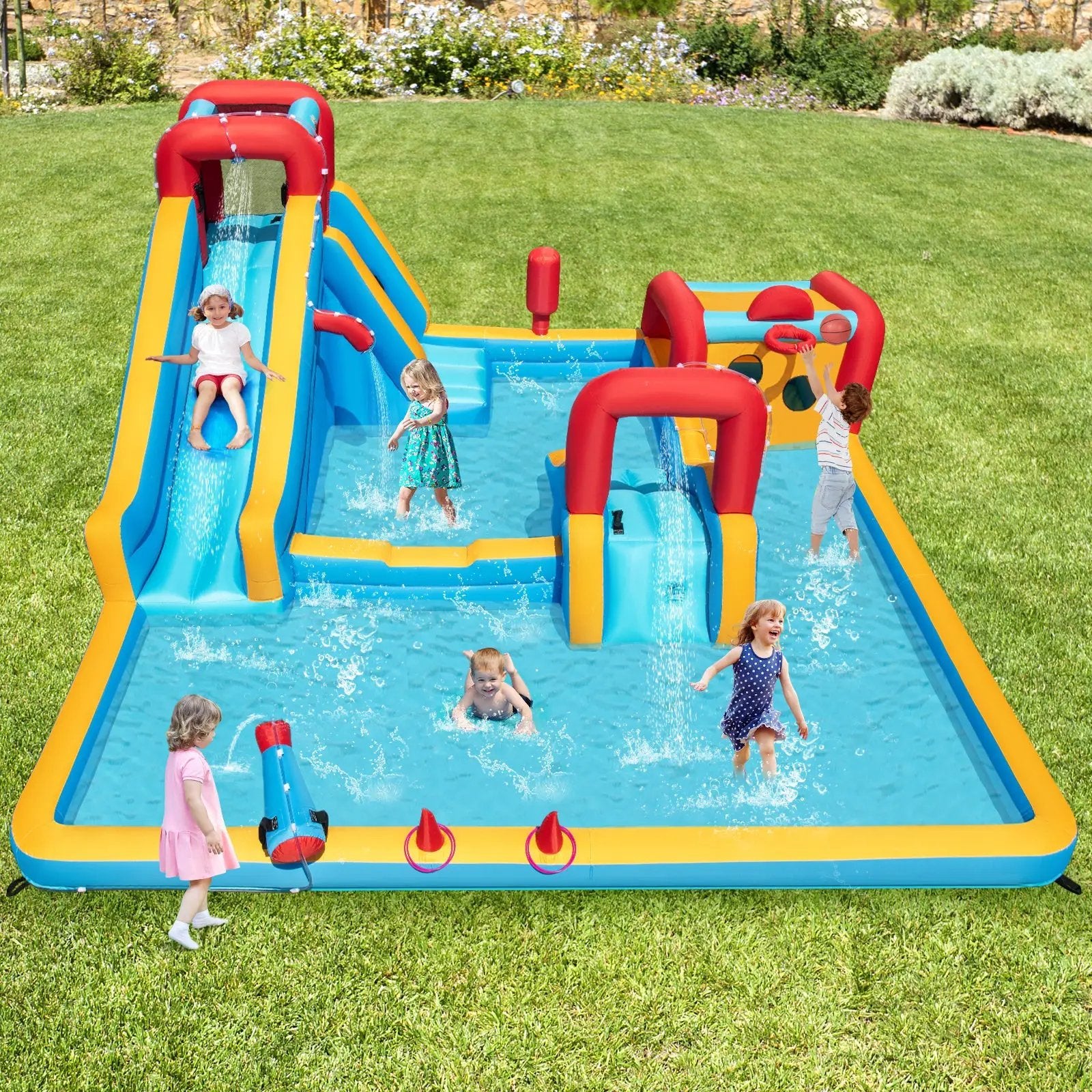 Inflatable Double Water Slide Park 9-in-1 Giant Bounce House Blower Excluded by DirectDeals