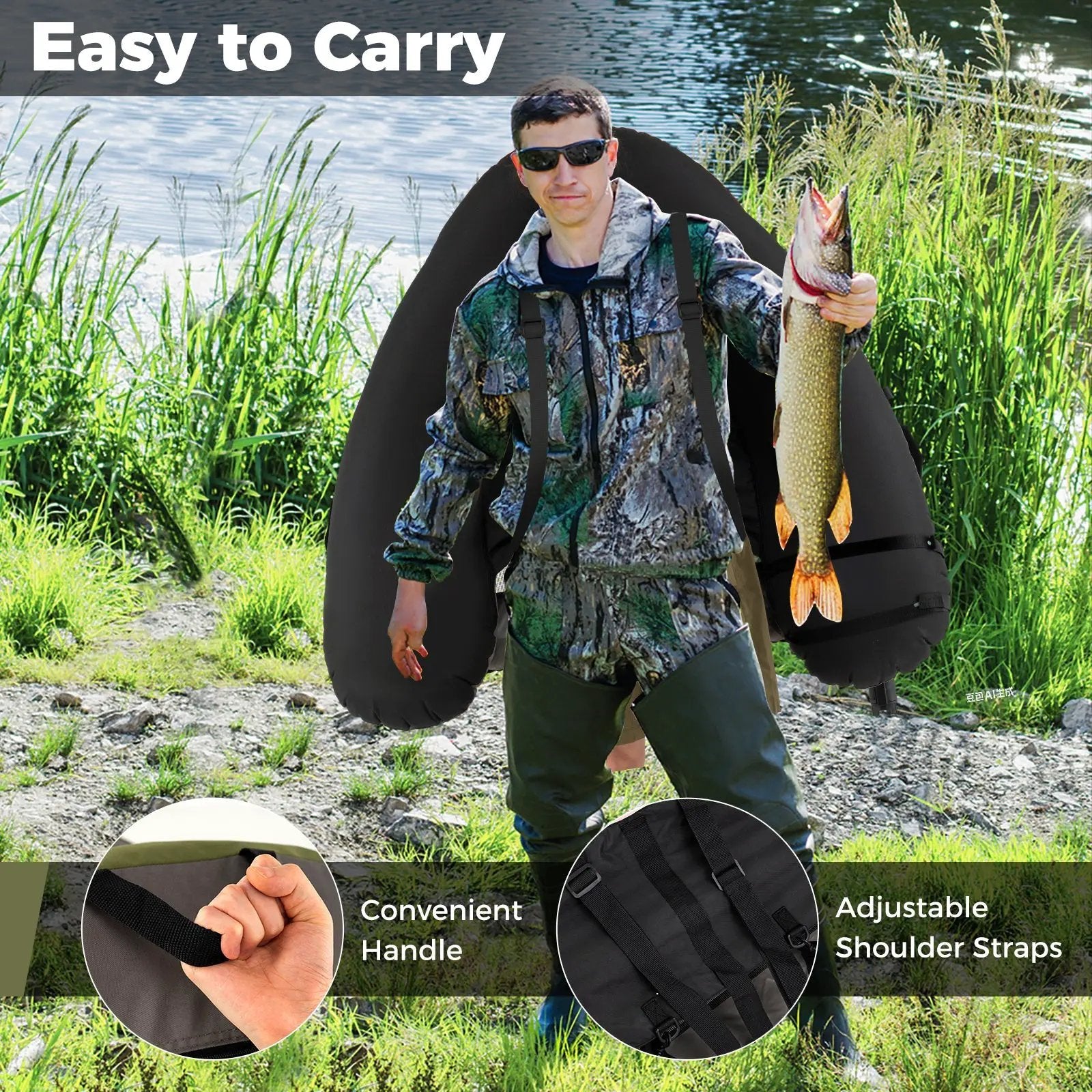 Inflatable Fishing Float Tube with Shoulder Straps and Storage for Angling by DirectDeals