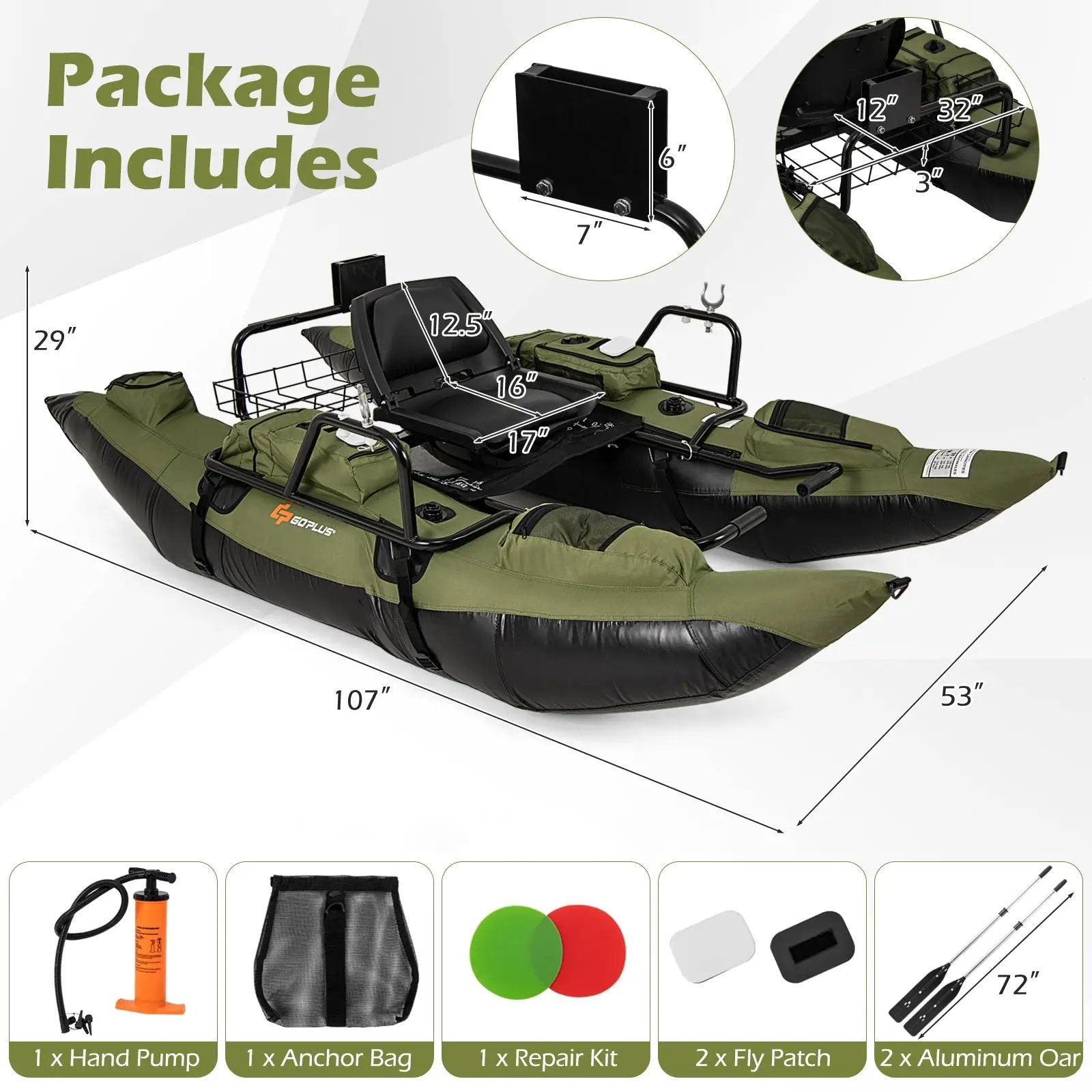 Inflatable Fishing Float Tube with Foldable Padded Seat and Adjustable Footrest-Green by DirectDeals