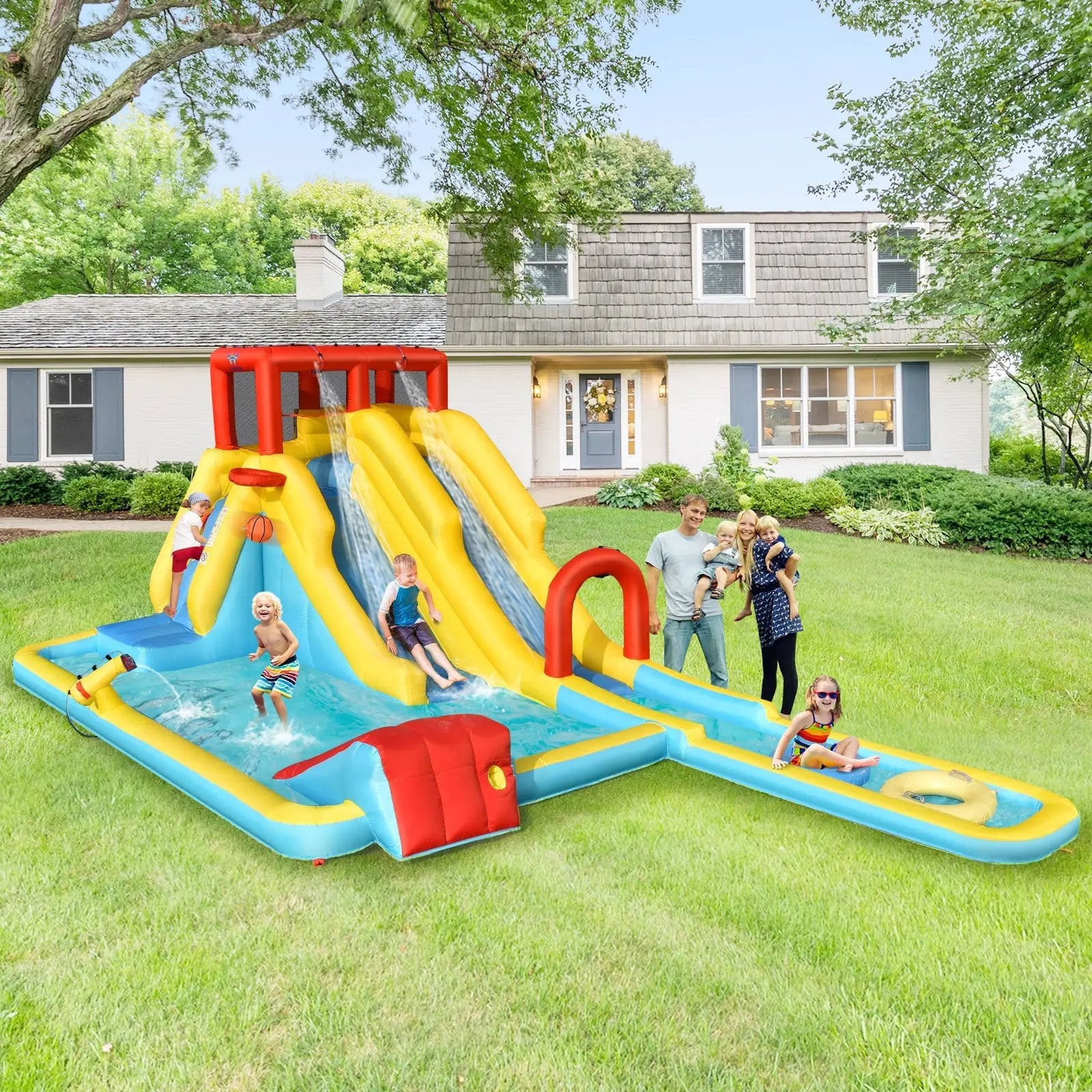 7-in-1 Inflatable Dual Slide Water Park Bounce House With 680W Blower by DirectDeals