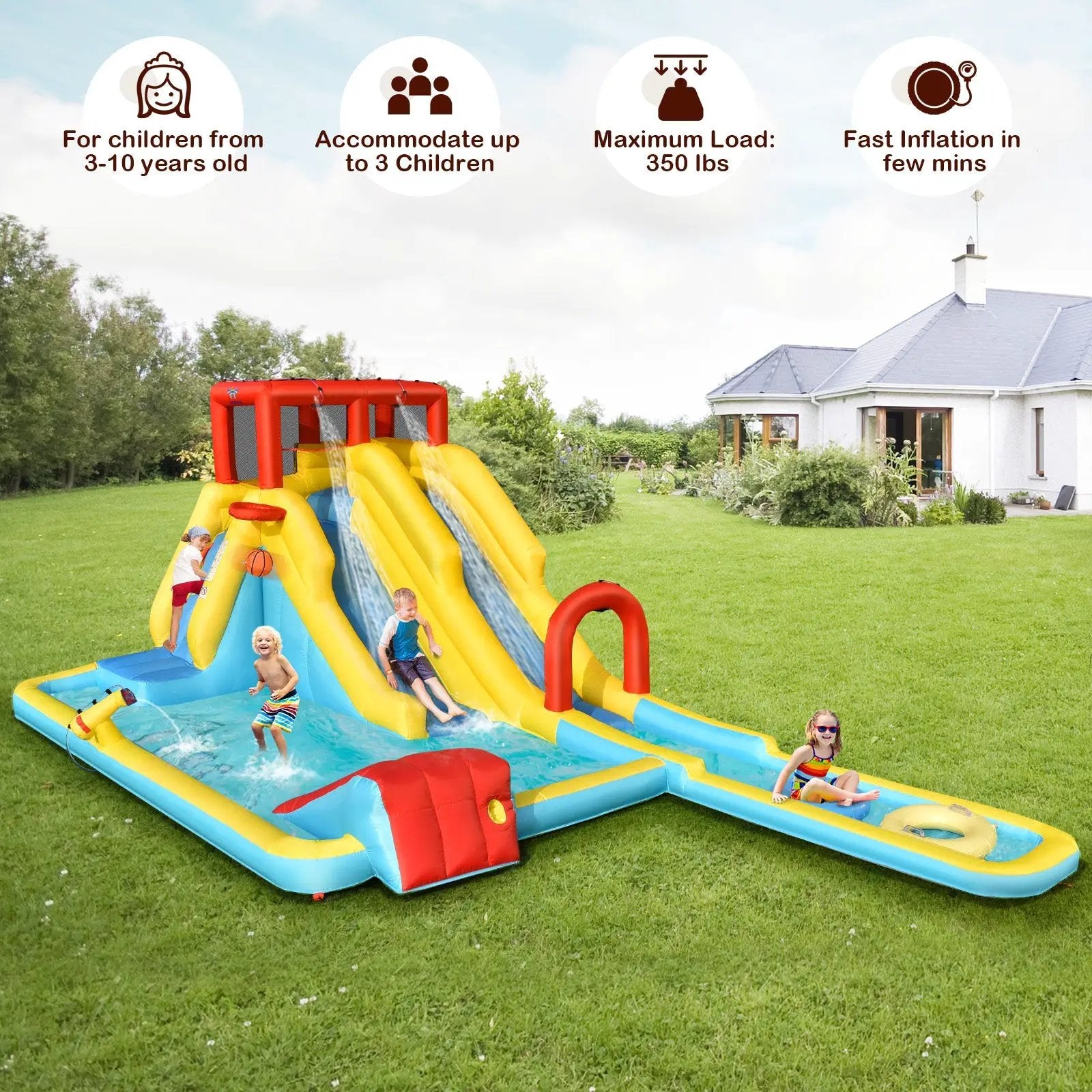 7-in-1 Inflatable Dual Slide Water Park Bounce House With 680W Blower by DirectDeals