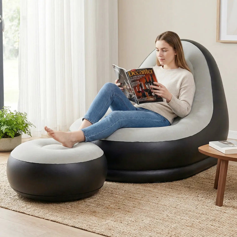 Inflatable Lounge Sofa with Ottoman Portable Air Sofa for Adults with Flocked Surface-Grey by DirectDeals