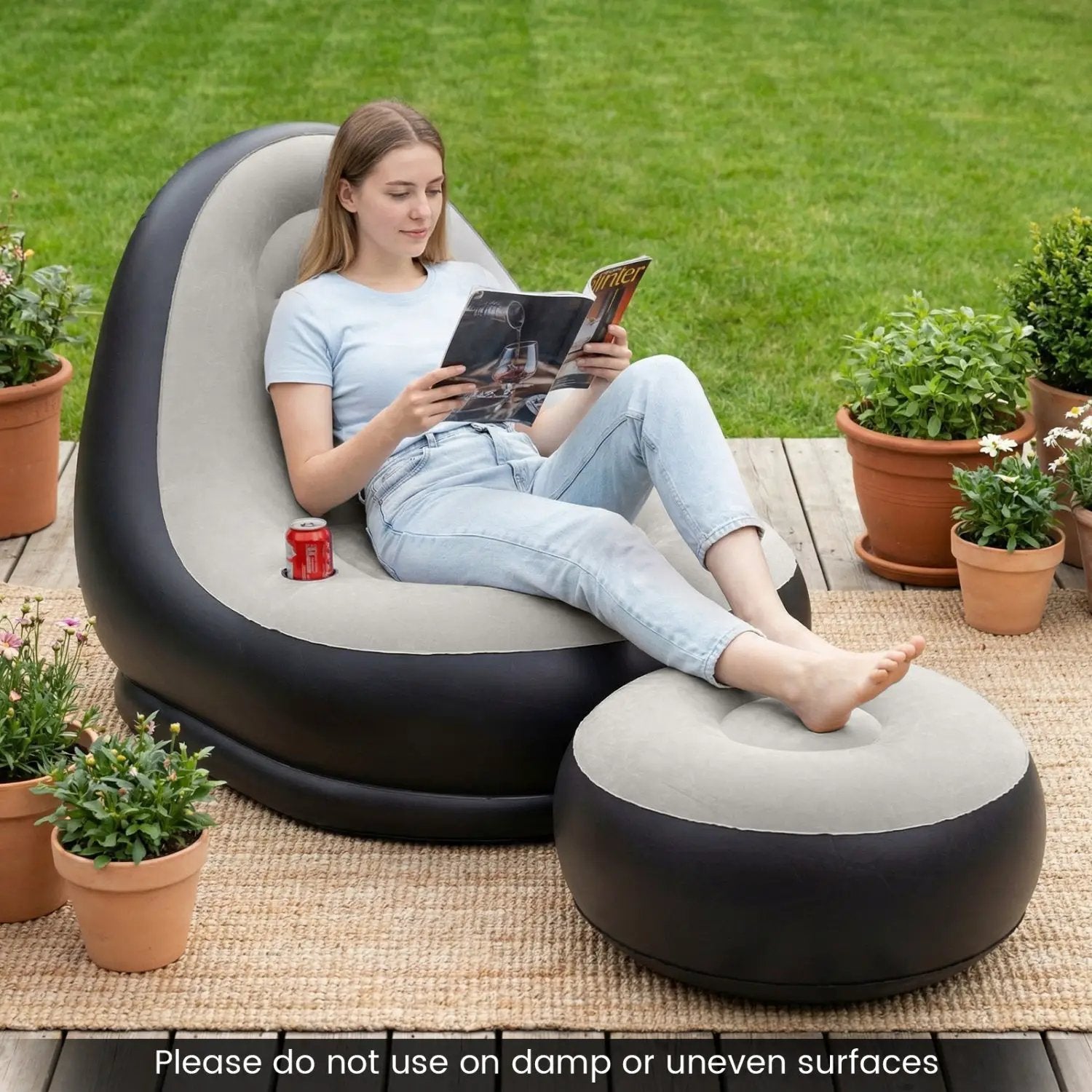 Inflatable Lounge Sofa with Ottoman Portable Air Sofa for Adults with Flocked Surface-Grey by DirectDeals
