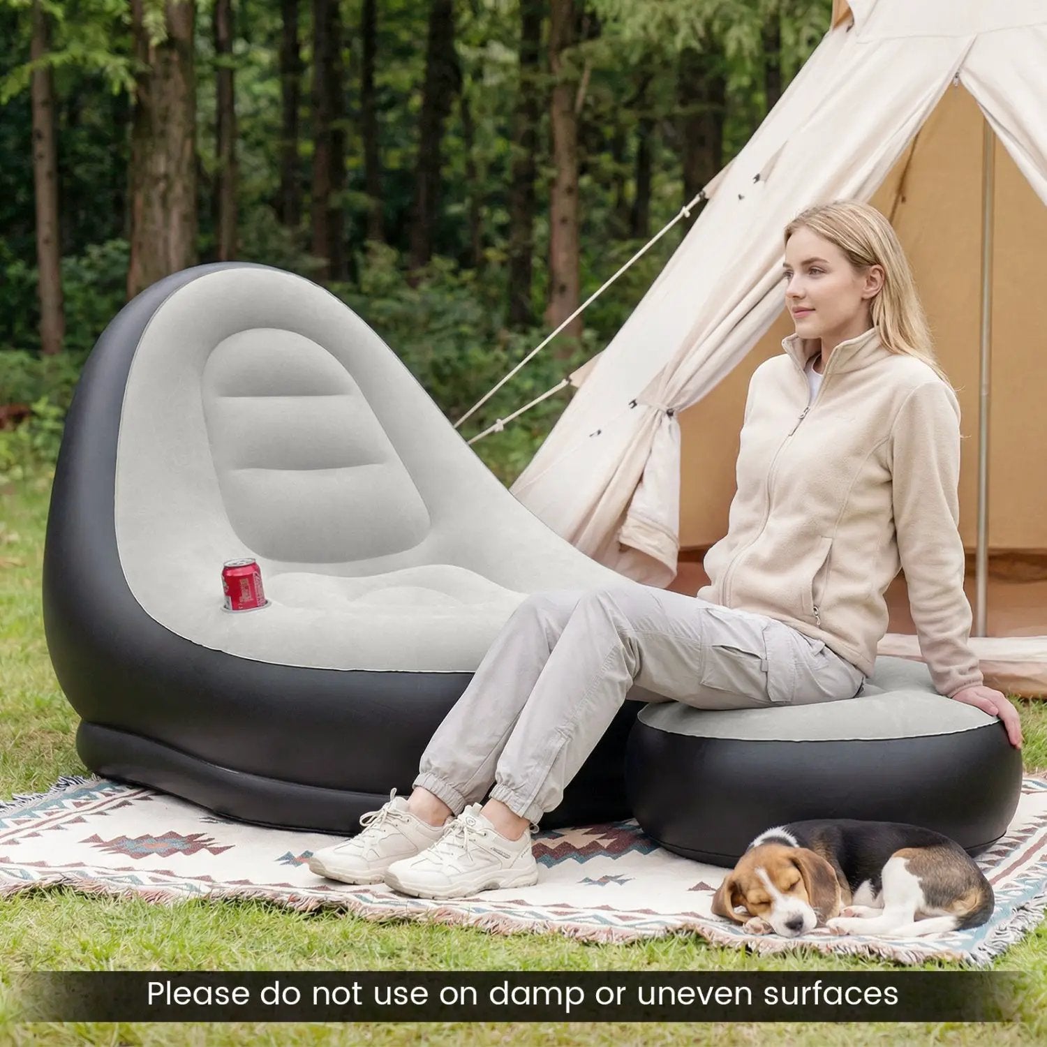 Inflatable Lounge Sofa with Ottoman Portable Air Sofa for Adults with Flocked Surface-Grey by DirectDeals