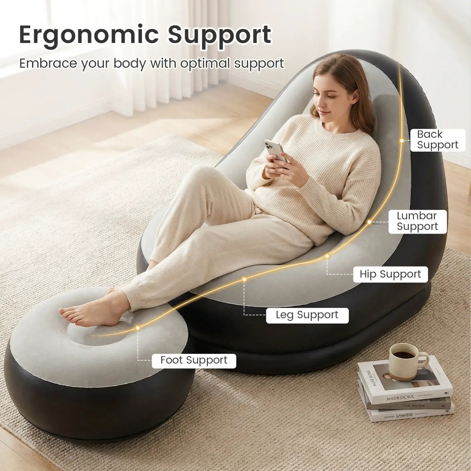 Inflatable Lounge Sofa with Ottoman Portable Air Sofa for Adults with Flocked Surface-Grey by DirectDeals