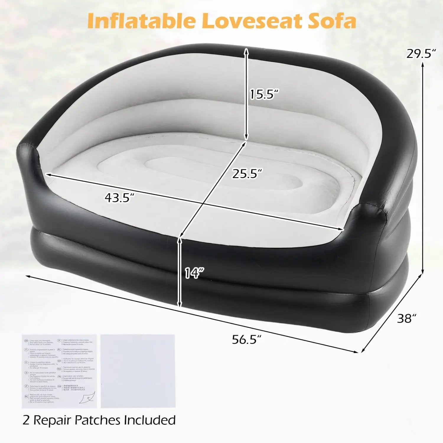 Inflatable Loveseat Couch Portable and Foldable 2-Seater Air Sofa for Adults with Flocked Surface-Grey by DirectDeals