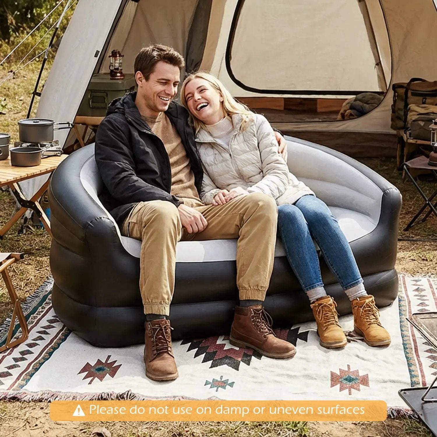 Inflatable Loveseat Couch Portable and Foldable 2-Seater Air Sofa for Adults with Flocked Surface-Grey by DirectDeals