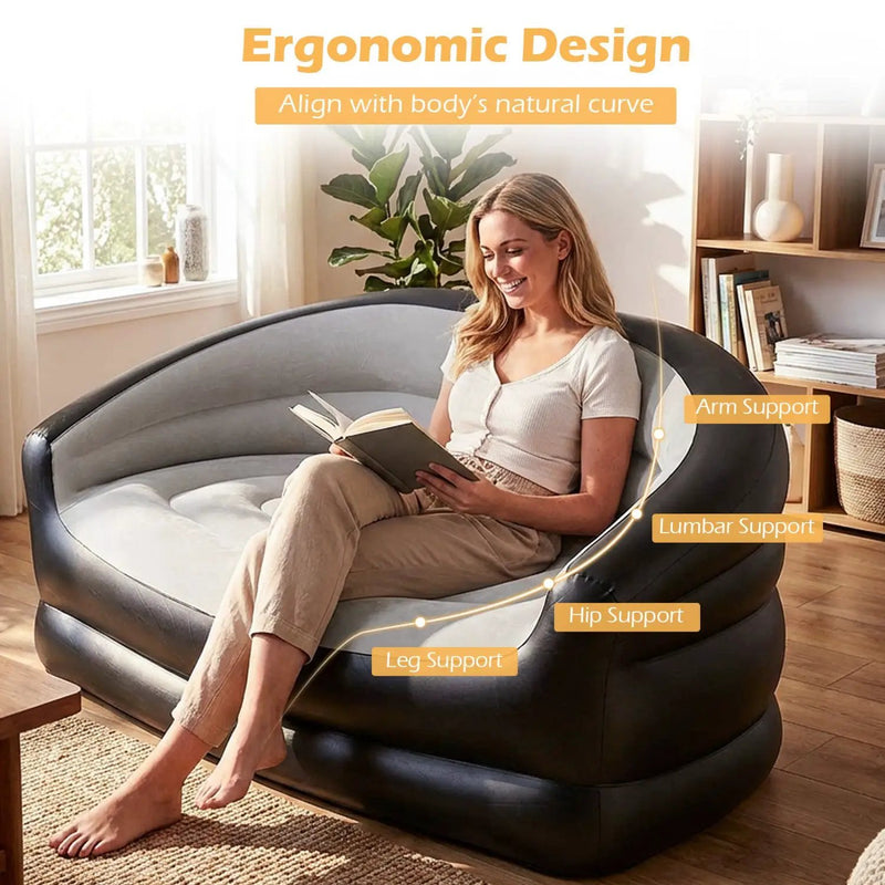 Inflatable Loveseat Couch Portable and Foldable 2-Seater Air Sofa for Adults with Flocked Surface-Grey by DirectDeals