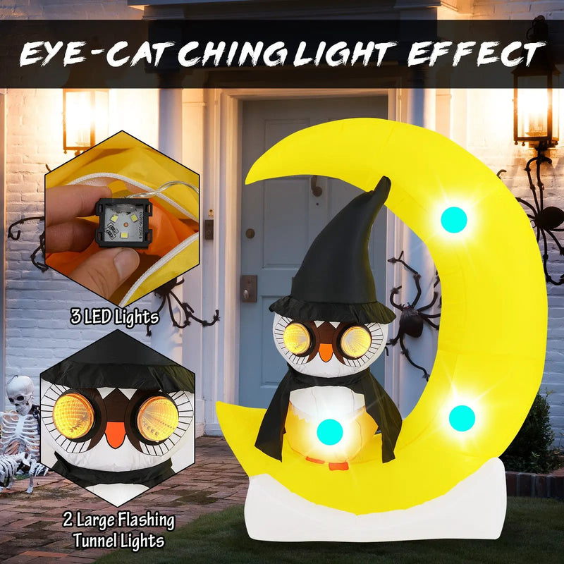 Inflatable Owl on Moon LED Lighted Halloween Decoration with Large Moon and Wizard Owl by DirectDeals